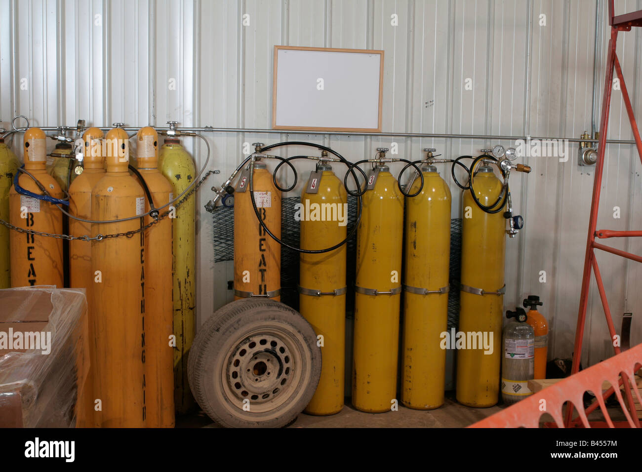 Breathable air tanks in fire station Stock Photo