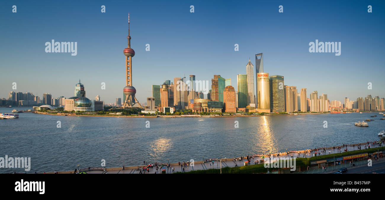 China Shanghai Elevated view of the financial Skyline viewed over the Huangpu river from the Bund Stock Photo