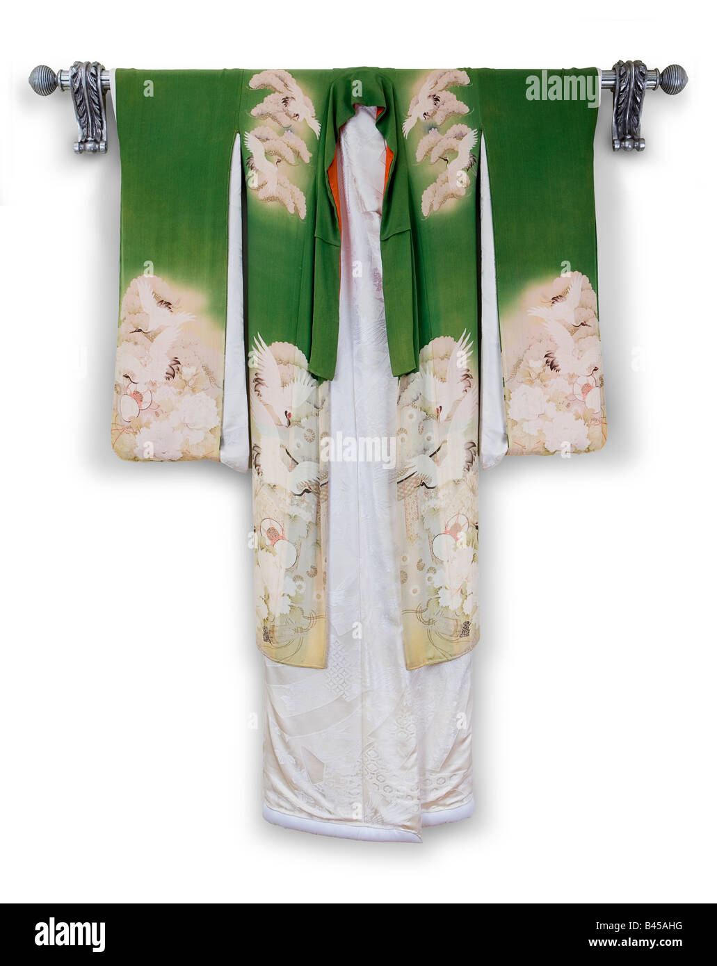 A green and white Japanese kimono with cranes embroidered on it. A clipping path is included. Stock Photo