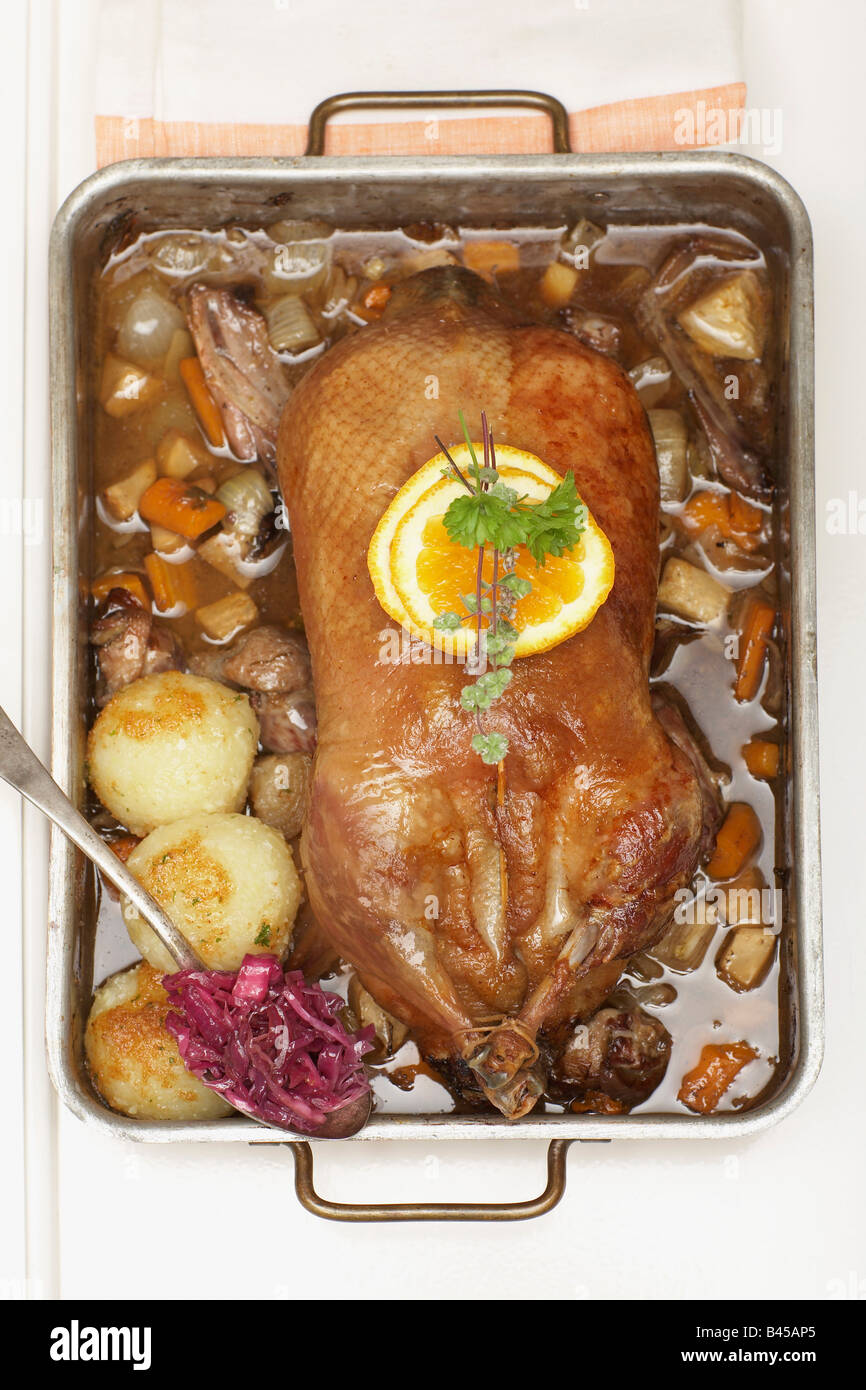 Roast duck in roasting tray, elevated view Stock Photo Alamy