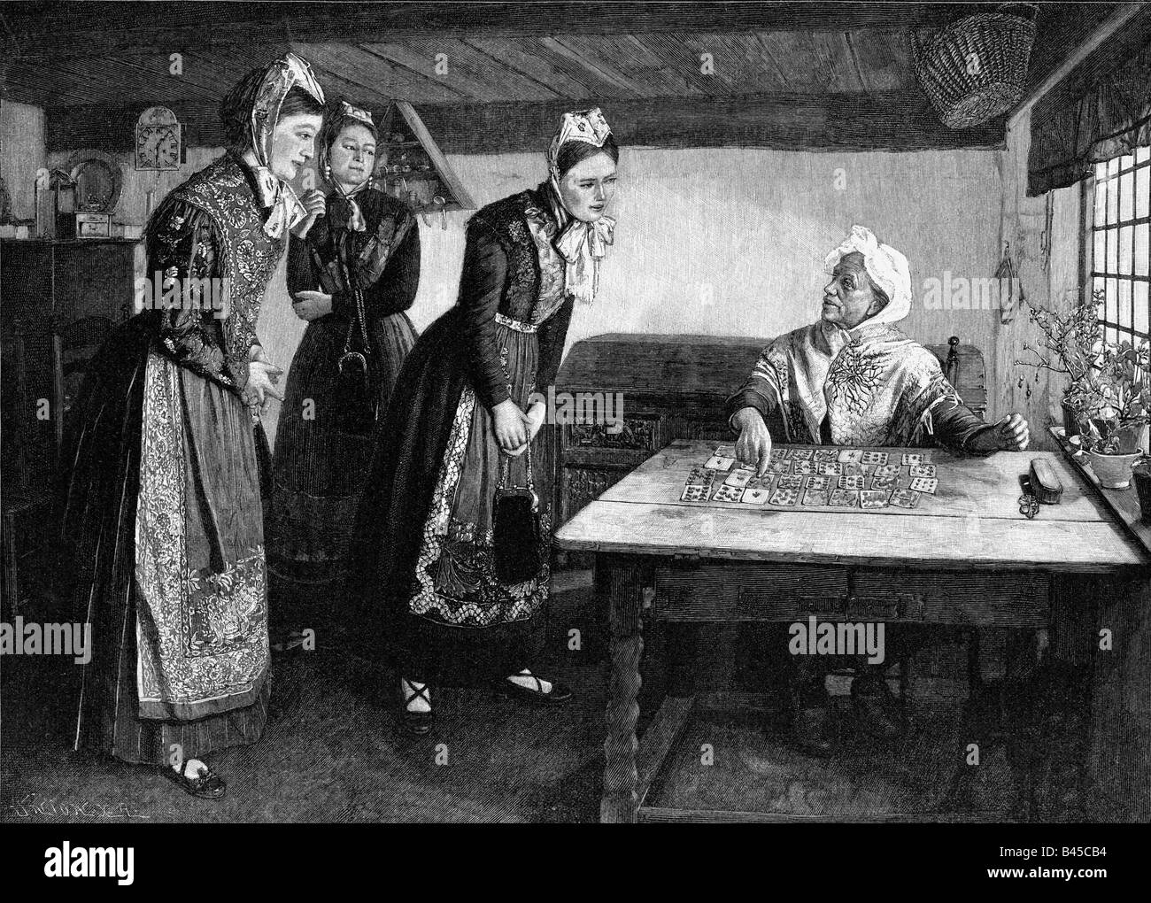 superstition, fortune telling, cartomancy, Oldenburgian card reader, wood engraving after painting by Bernhardt Winter, 17th century, people, fortune teller, cartomancer, women, woman, profession, table, Oldenburg, Germany, historic, historical, Stock Photo