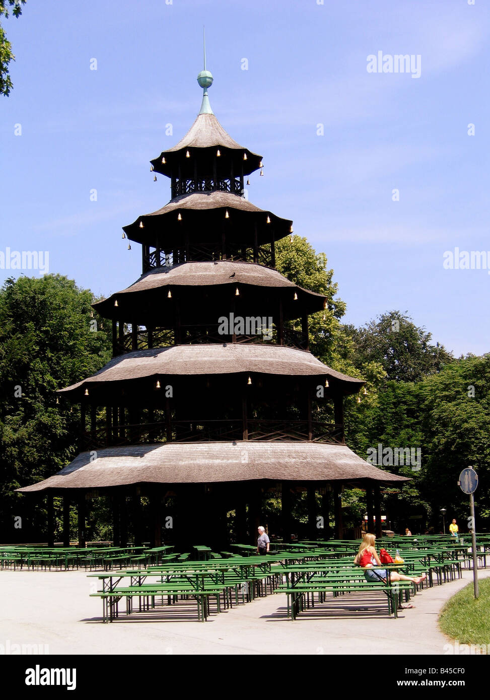 geography / travel, Germany, Bavaria, Munich, gastronomy, beer garden, beer garden at the Chinese tower in the English garden, Chinese tower, 1789 / 1790, five-storied pagoda, burned down in 1944, replication of 1952, built after original in Kew Garden, (1760 Frey), Additional-Rights-Clearance-Info-Not-Available Stock Photo