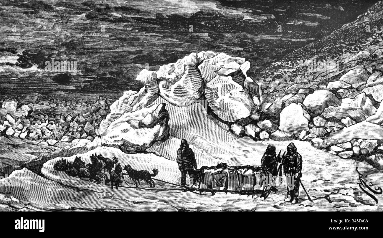 geography / travel, Danmark, Greenland, dog sled in ice, engraving, 19th century, historic, historical, sledge dogs, people, exploring, explorer, polar expedition, Stock Photo