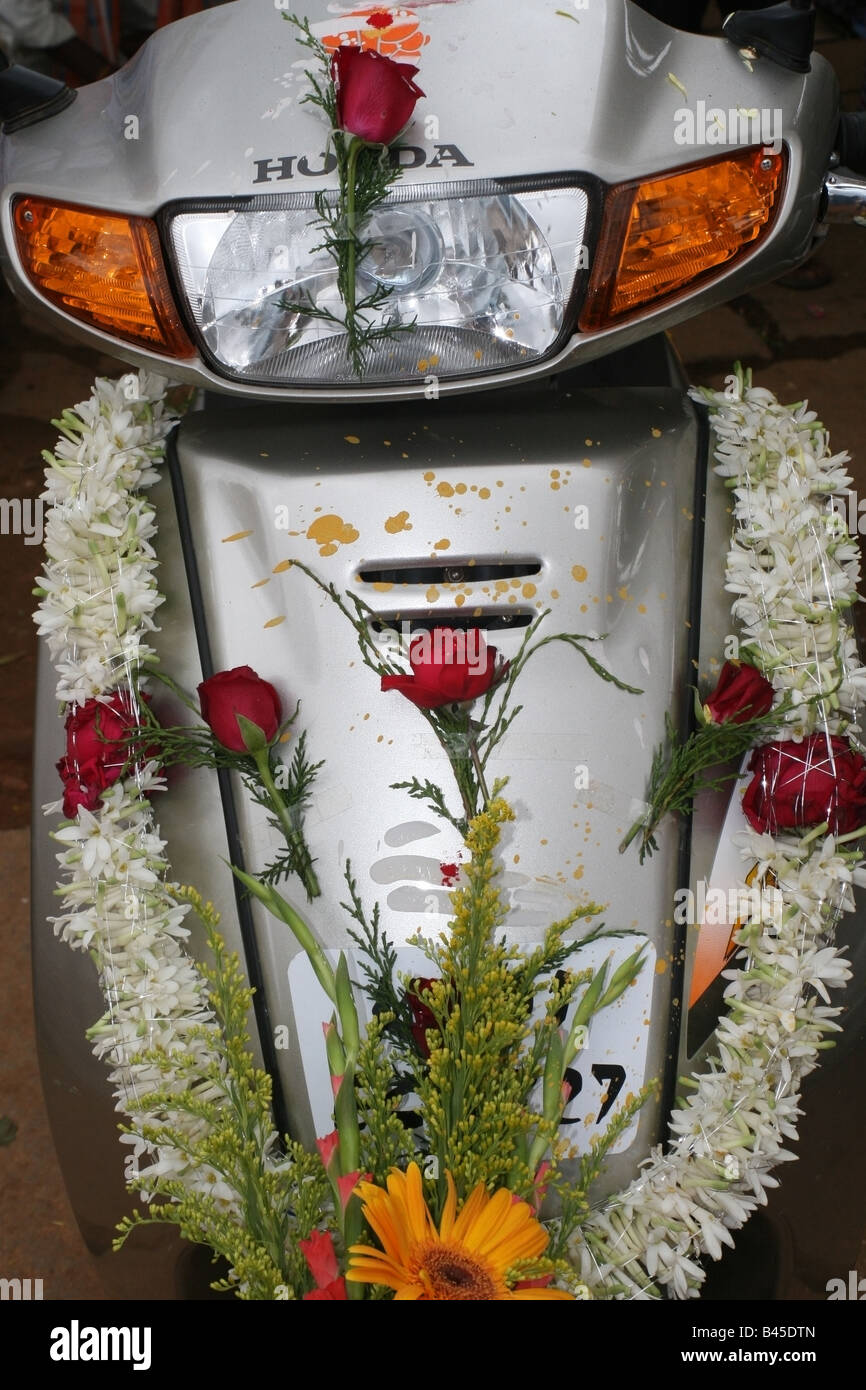 Motorbike after blessing , Vishwakarma Ayudha Puja ceremony , India Stock Photo