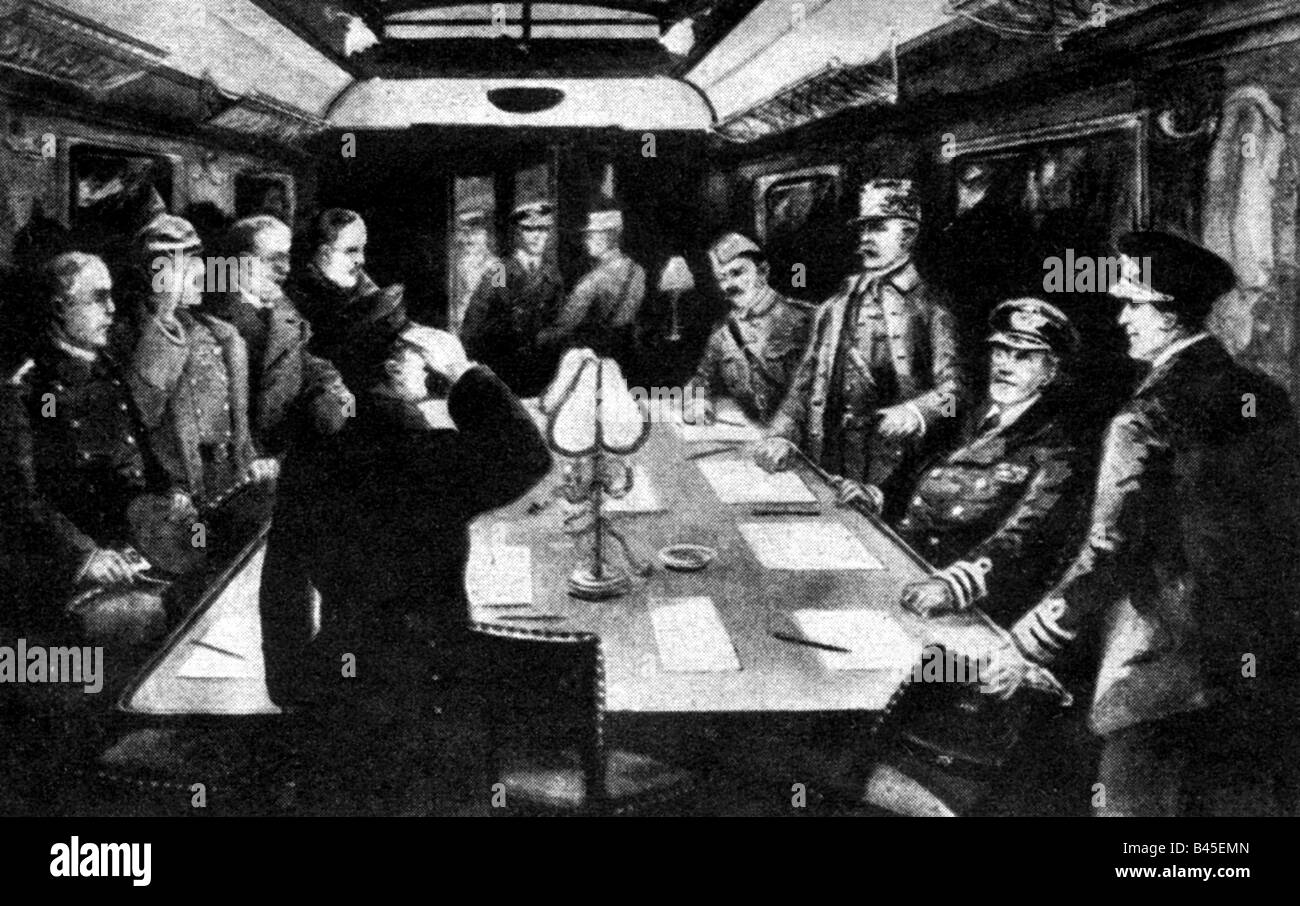 events, First World War / WWI, end of war, signing the armistice in palace car 2419, Compiegne, 11.11.1918, drawing, from left to right: the German negotiators Admiral Banselow, General von Winterfeldt, Matthias Erzberger, Count Oberndorff, right: the French General Maxime Weygand, Marshal Ferdinand Foch, the British Admiral Wemys, Admiral Hope, in front: the German Rittmeister von Helldorf, Germany, France, Great Britain, railway, railroad, train, car, military, politics, 20th century, historic, historical, people, 1910s, Stock Photo