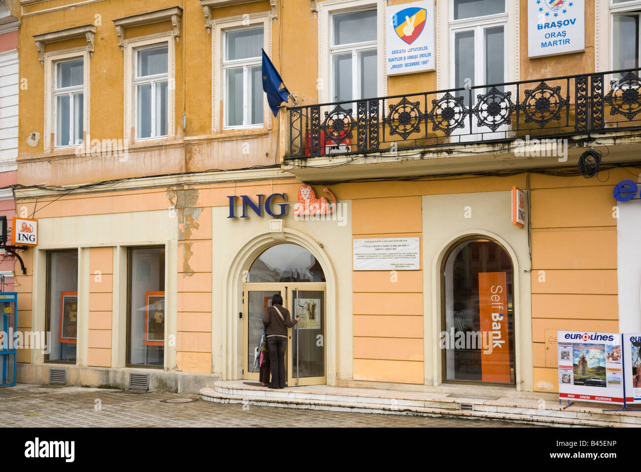 Romania Europe ING Bank retail banking branch building exterior in historic city Stock Photo