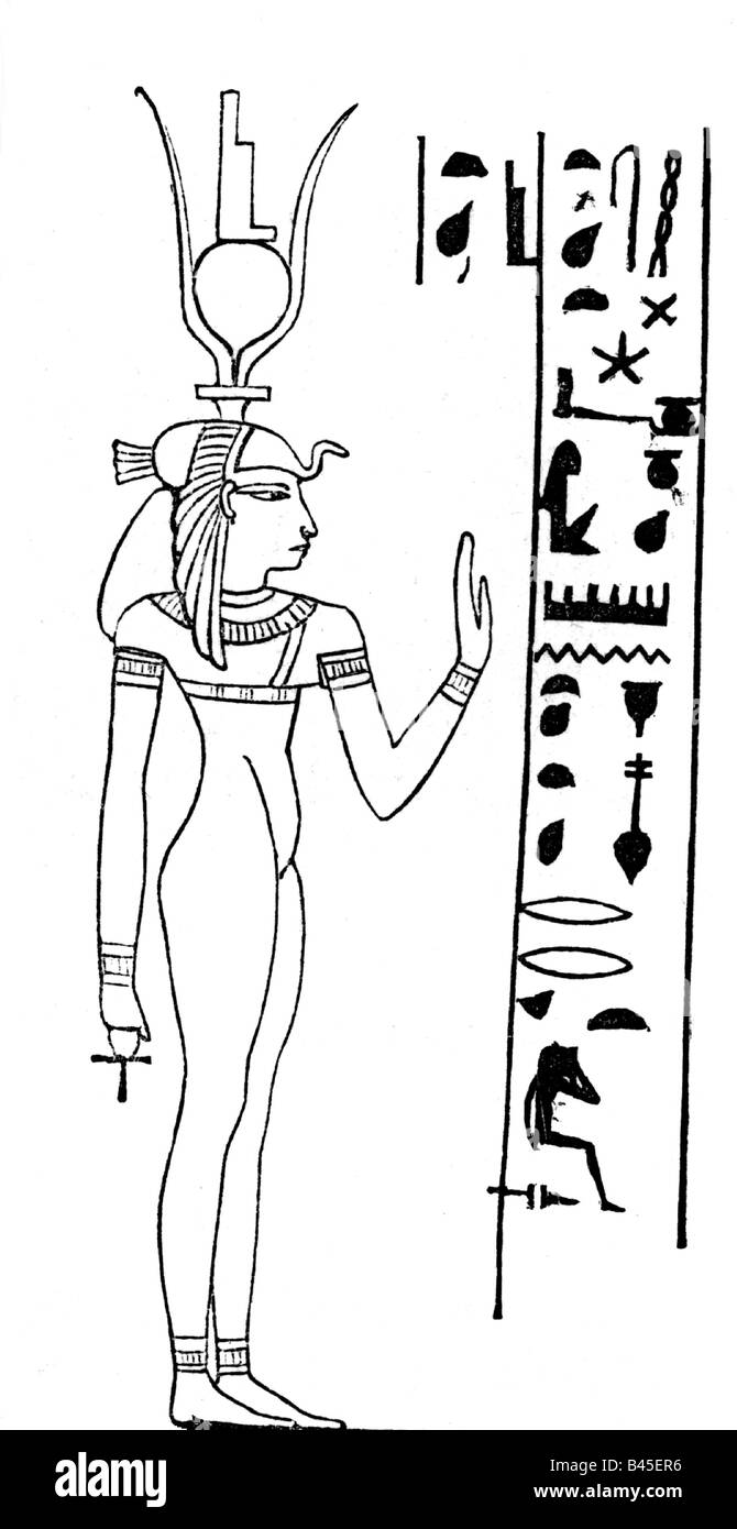 Isis, Egyptian goddess, (mother), drawing, after Egyptian relief, Egypt, mythology, religion, , Stock Photo