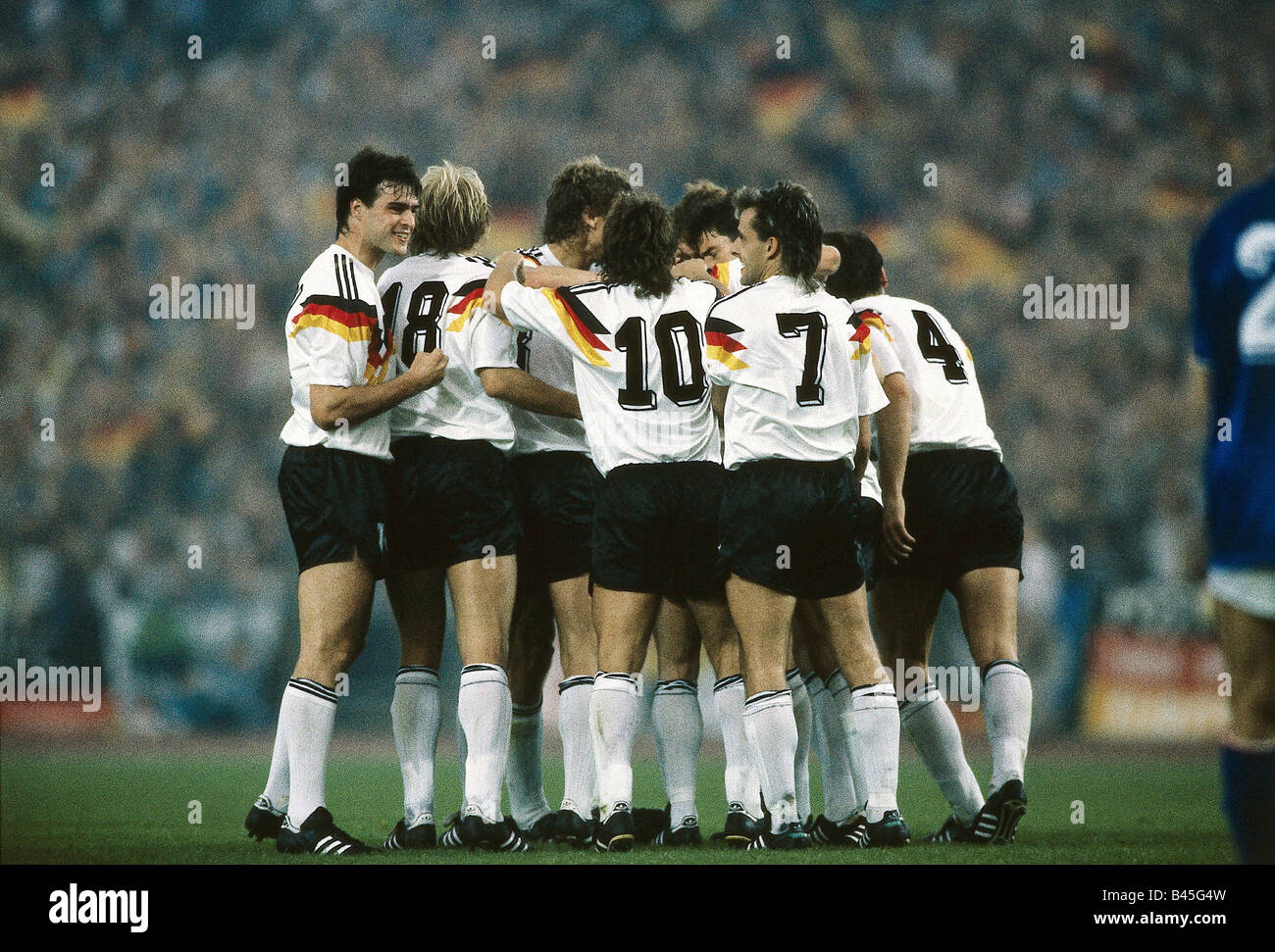 Sport / Sports, soccer, football, European championship, EURO 1988, Germany against Italy (1:1) in Düsseldorf, 10.6.1988, jubilation after free kick to 1:1 by Andreas Brehme, Thomas Berthold, Pierre Littbarski, match, historic, historical, 20th century, people, 1980s, Stock Photo