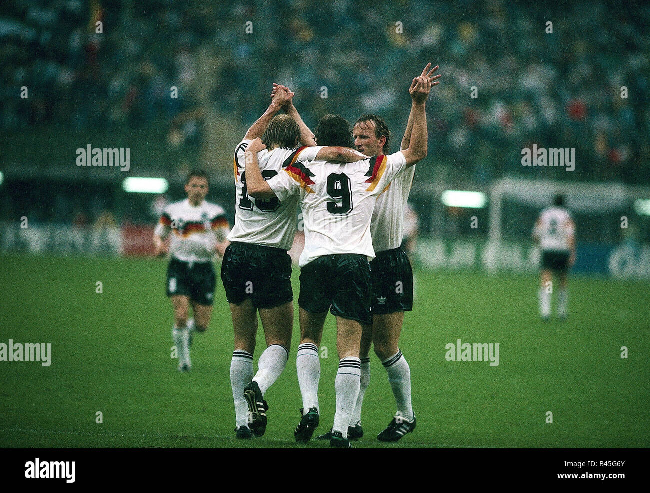Sport, football, world championship, Germany versus United Arab Emirates, (5:1), Milan, Italy, Rudi Völler, Andreas Brehme and Jürgen Klinsmann, 15.6.1990, Stock Photo