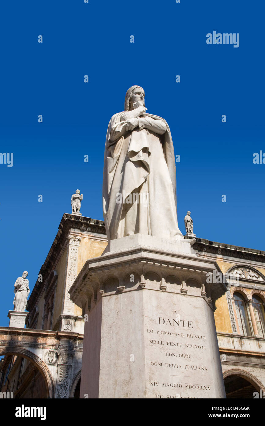 Dante Statue detail Piazza dei Signori, Loggia del Consiglio is behind Verona, Italy Stock Photo