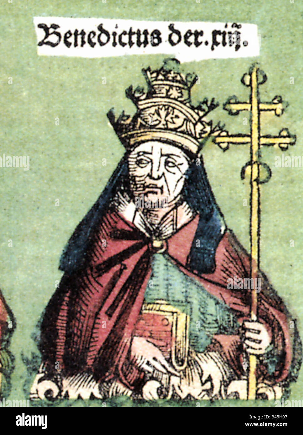 Benedict XIII (Pedro de Luna), circa 1342 - 23.5.1423, Anitpope  28.9.1394 - 26.6.1417, portrait, woodcut by Michael Wohlgemut or Wilhelm Pleydenwurff, chronicles of Hartmann Schedel, Nuremberg, 1493, , Artist's Copyright has not to be cleared Stock Photo