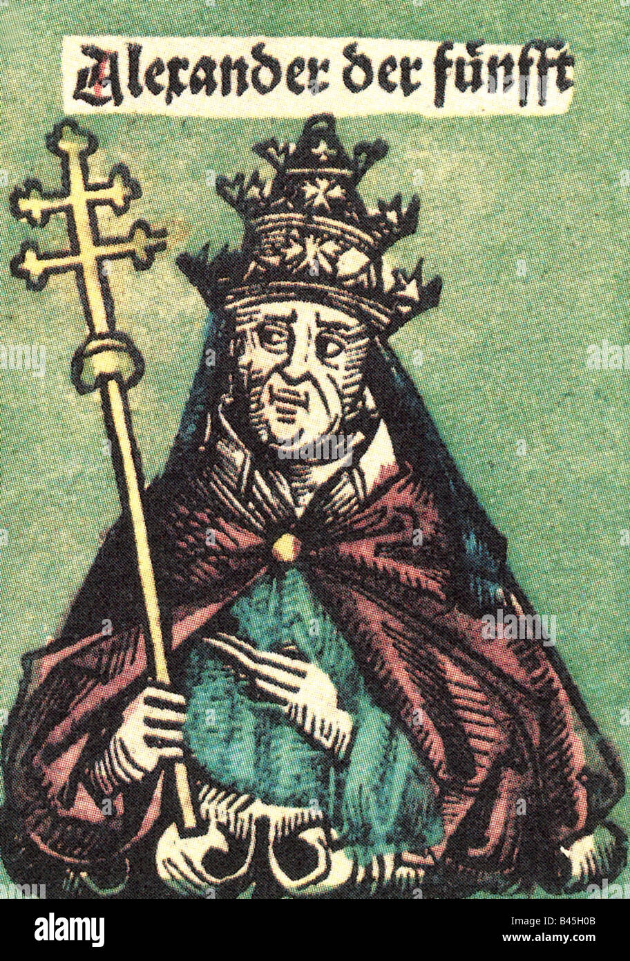 Alexander V (Pietro Filargo), circa 1340 - 3.5.1410, Antipope  26.6.1409 - 3.5.1410, portrait, wood engraving by Michael Wohlgemut or Wilhelm Pleydenwurff, chronicles of Hartmann Schedel, Nuremberg, 1493,  , Artist's Copyright has not to be cleared Stock Photo