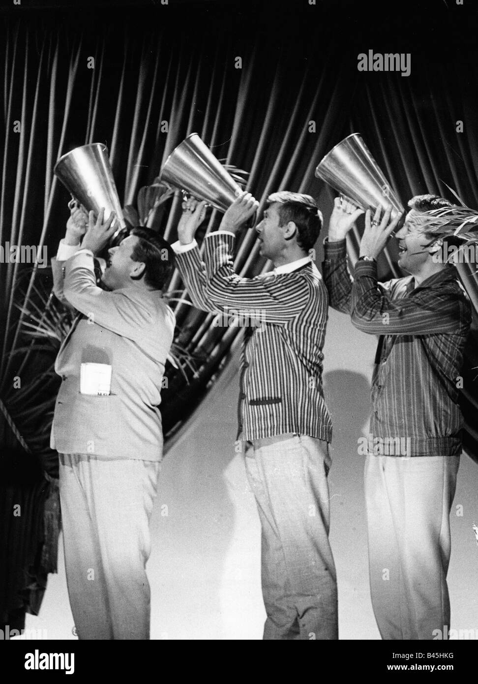 Cornel Trio, german music group, performance, TV Show 'Telebar', Berlin 20.12.1963, singing, megaphone, television show, Cornell, , Stock Photo