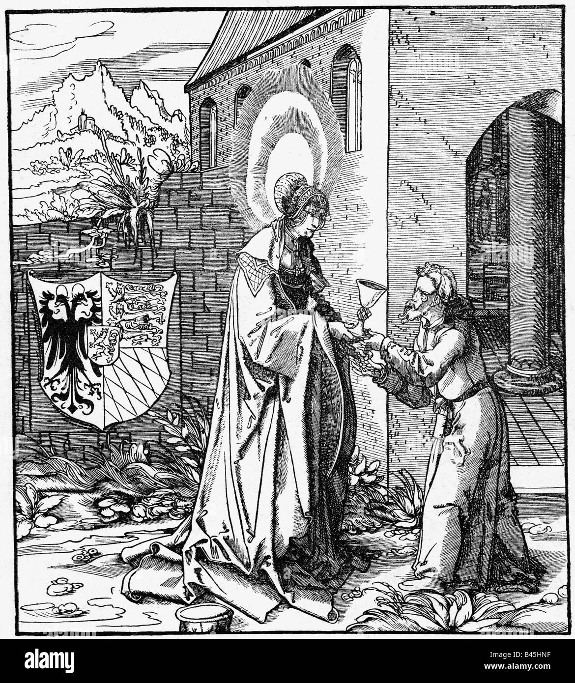 Hildegard, circa 760 - 30.4.783, Saint, Queen Consort of the Franks, donating to a poor, woodcut by Leonhart Beck, , Stock Photo