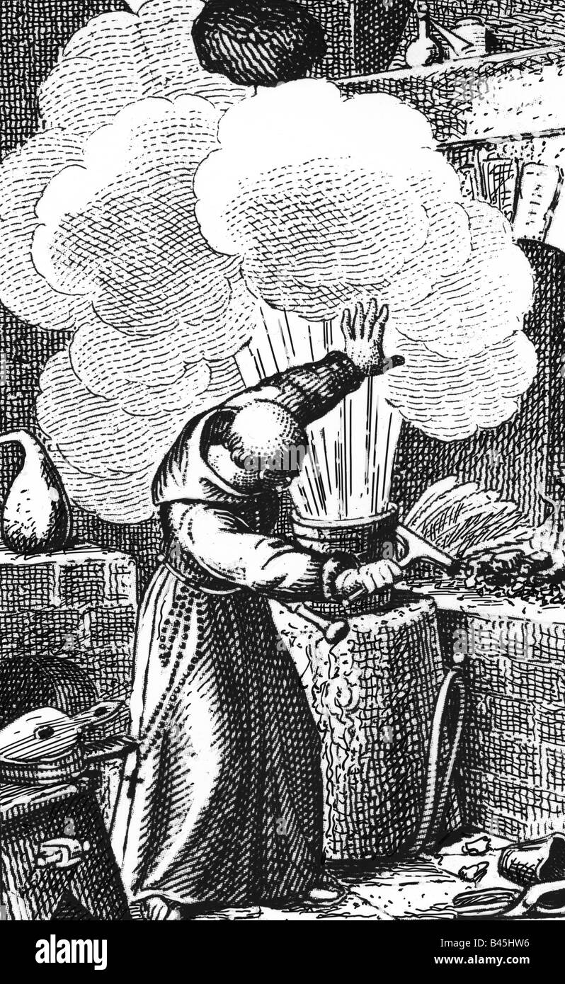 Schwarz, Berthold, German clergyman, alleged inverntor of gunpowder, 1353 or 1359, engraving, circa 1830, friar, monk, alchemy, expolosion, , Stock Photo