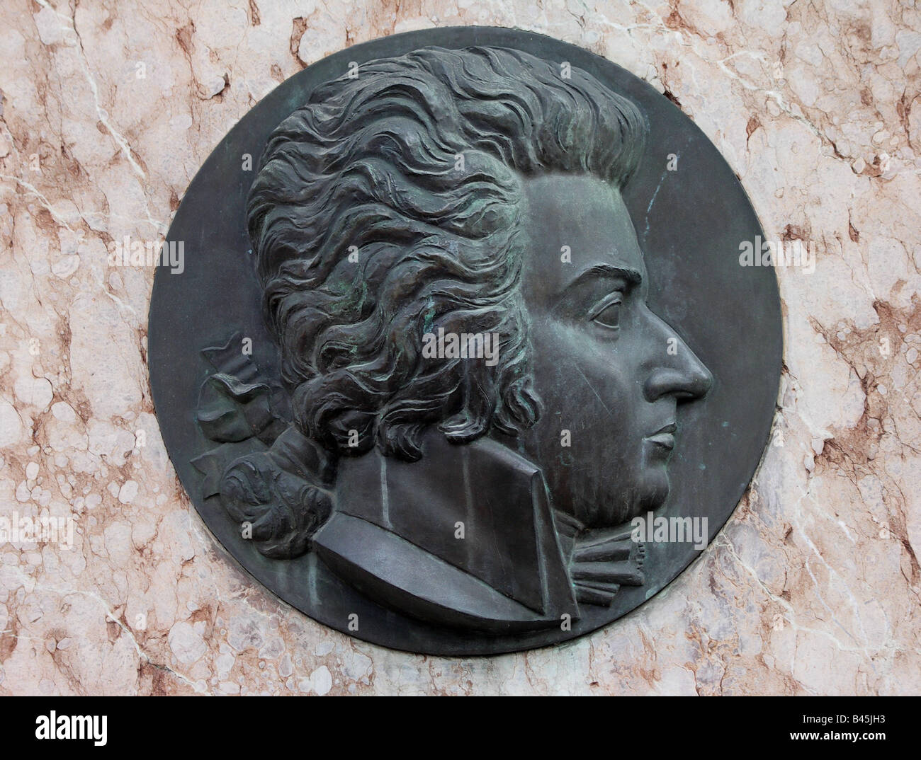 Mozart, Wolfgang Amadeus, 27.1.1756 - 5.12.1791, Austrian musician / artist, (composer), relief, commemorative plaque at restaurant 'Zum Weissen Lamm', Ludwigstrasse, Augsburg, Bavaria, Germany, Stock Photo