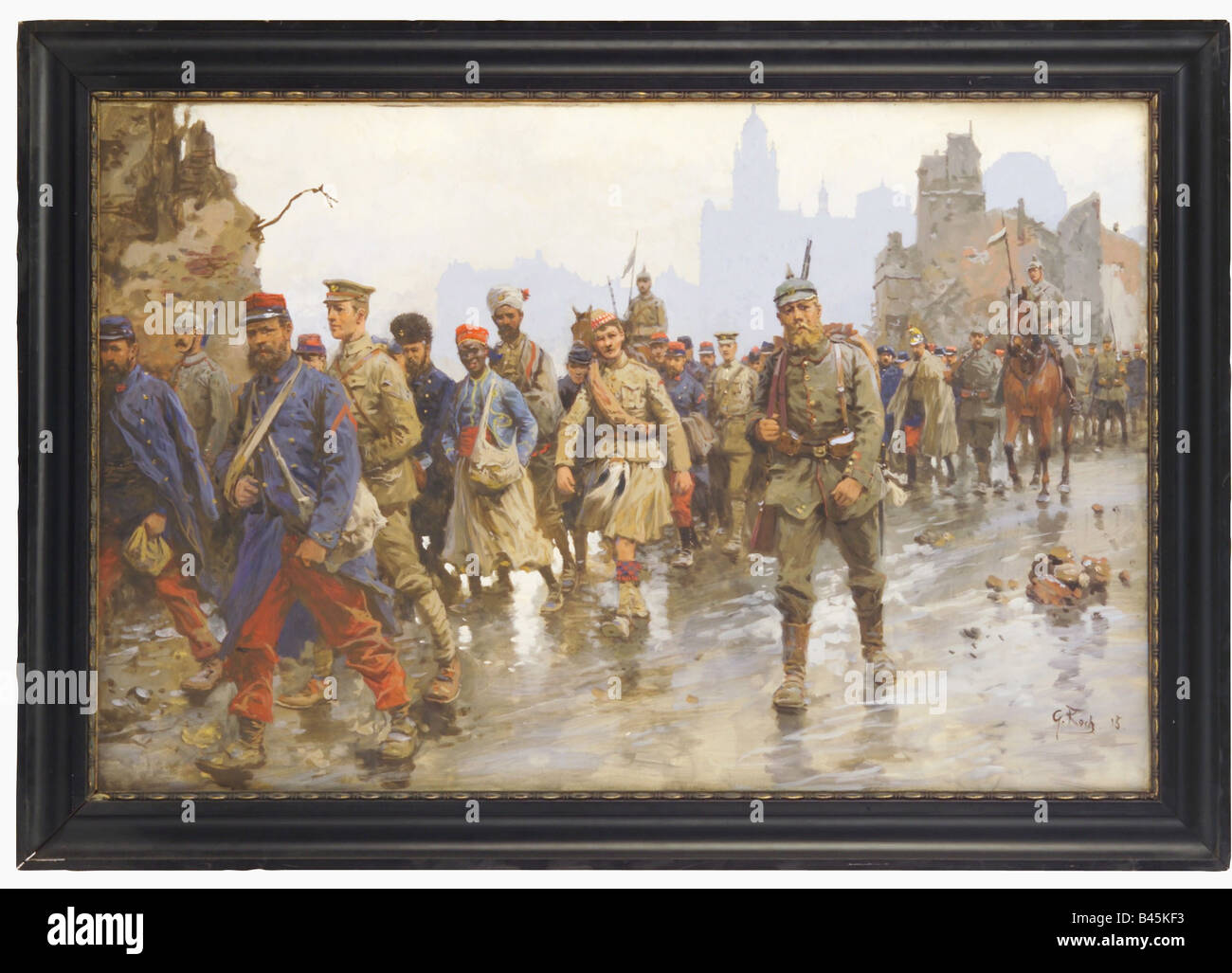 events, First World War/WWI, Prisoners of War, captured French & British, painting by Georg Koch, 1915, France, Western Front, soldiers, fine arts, 20th century, , Stock Photo
