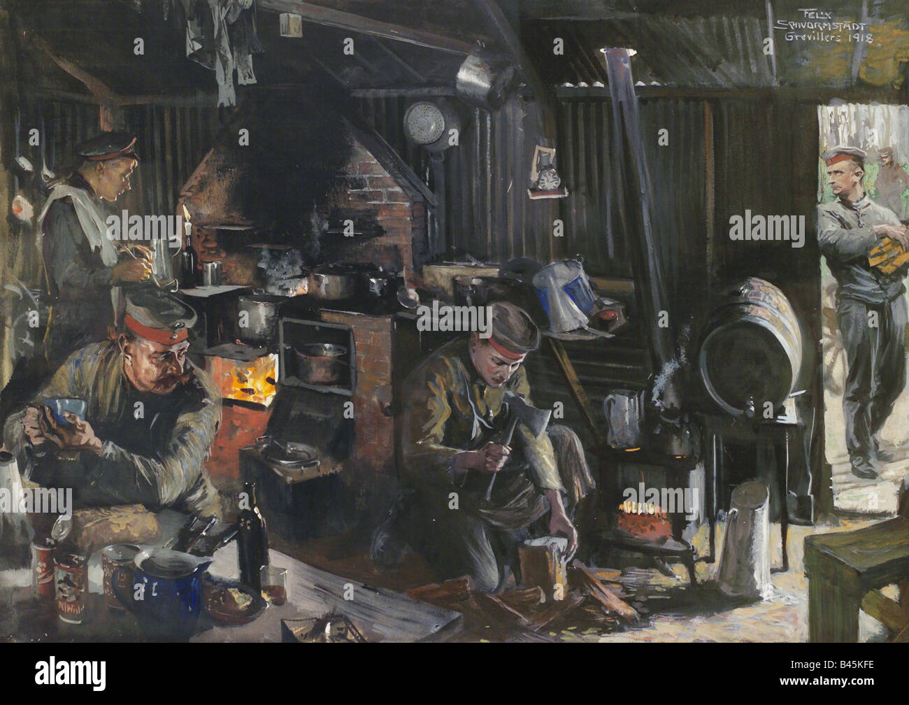 events, First World War/WWI, Western Front, German field kitchen near Grevilliers, 1918, painting by Felix Schwormstädt (1870 - 1938), France, Flanders, cooking, fine arts, 20th century, , Stock Photo