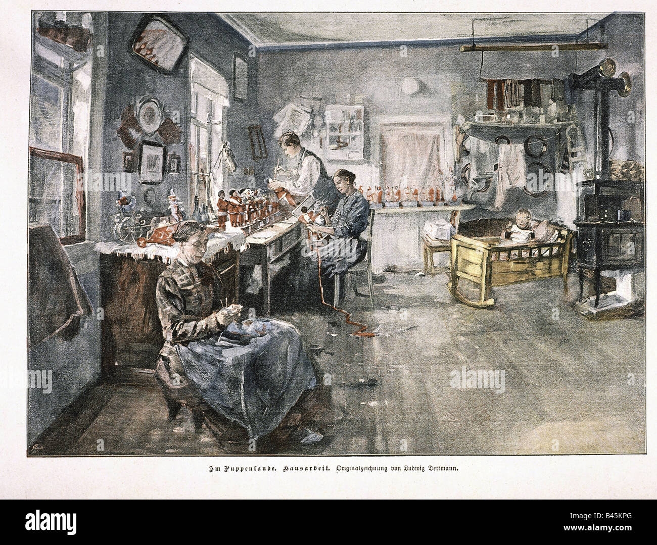 industry, toys, fabrication of dolls, homework, engraving after drawing by Ludwig Dettmann, in 'Für alle Welt', number 11, 1897, production, female workers, family, living room, Germany, 19th century, , Stock Photo
