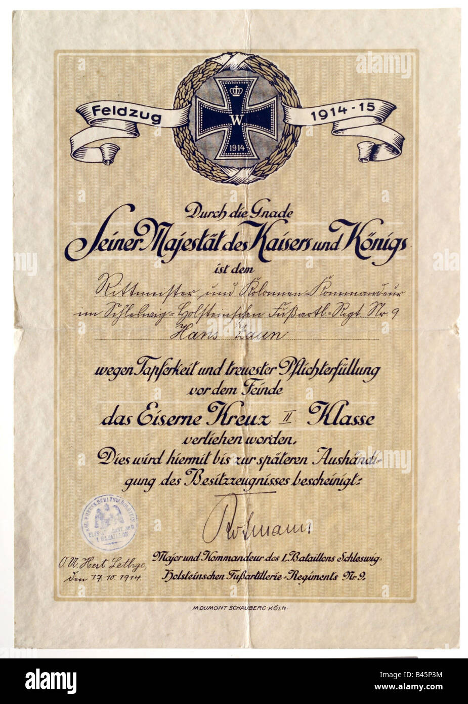 decorations, Germany, Prussia, Iron Cross, 2nd class, arwarding document for Captain Hans Zaun, 17.10.1914, decoration, First World War, decoration, , Stock Photo