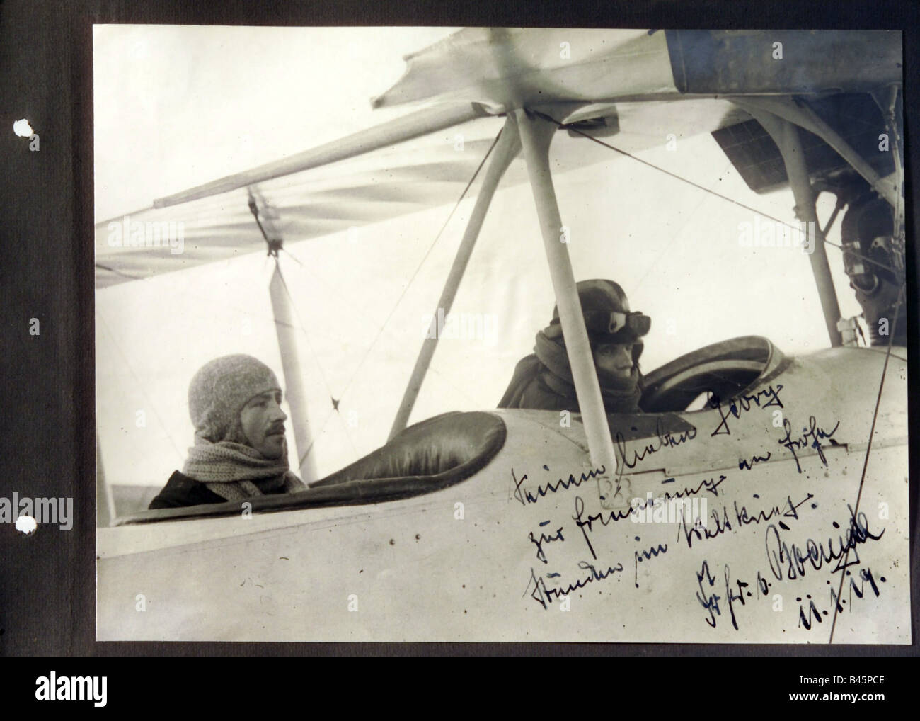 Boenigk, Oskar von, 25.8.1893 - 30.1.1946, German aviator, in a airplane, photo dedication, 11.1.1919, fighter pilot, First World War, WWI, officer, air force, Germany, 20th century, , Stock Photo