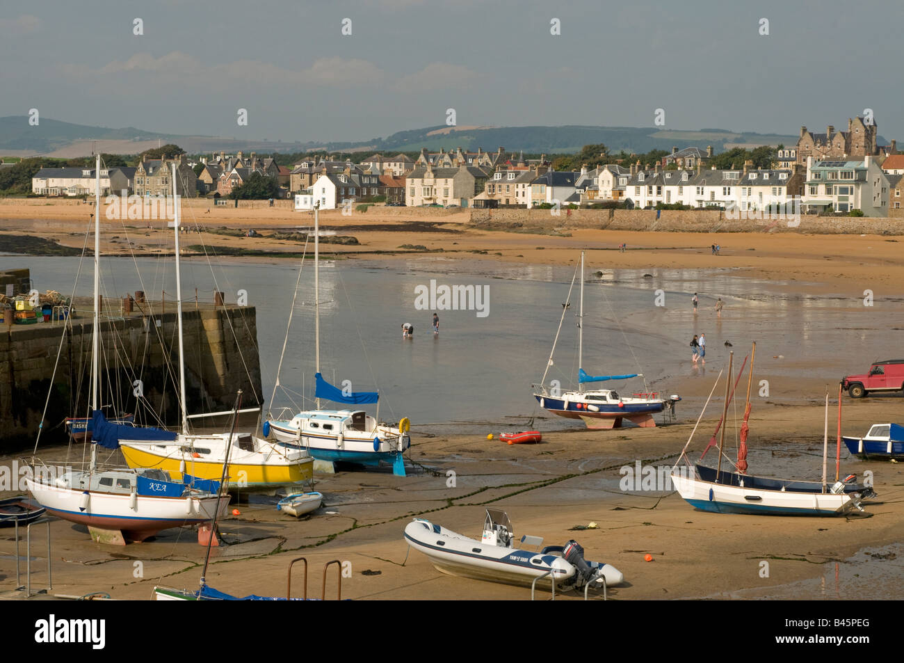 Leisure Craft resting at low tide on the sands at Elie Harbour Kingdom