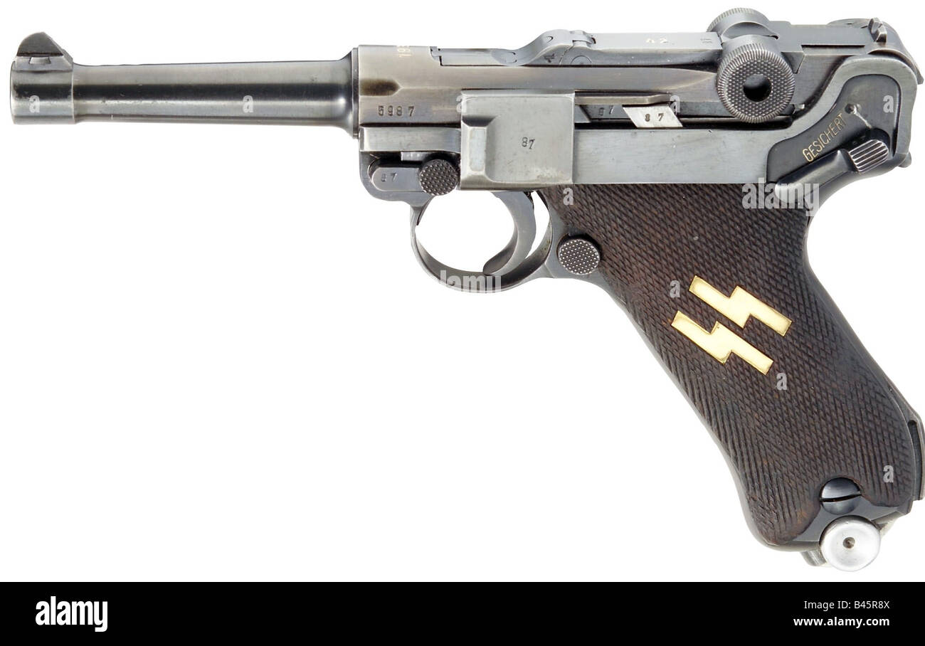 weapons/arms, firearms, pistols, pistol 08, Mauser, caliber 9 mm Parabellum, manufactured 1939, used by Schutzstaffel (SS), weapon, firearm, 20th century, Second World War, WWII, , Stock Photo