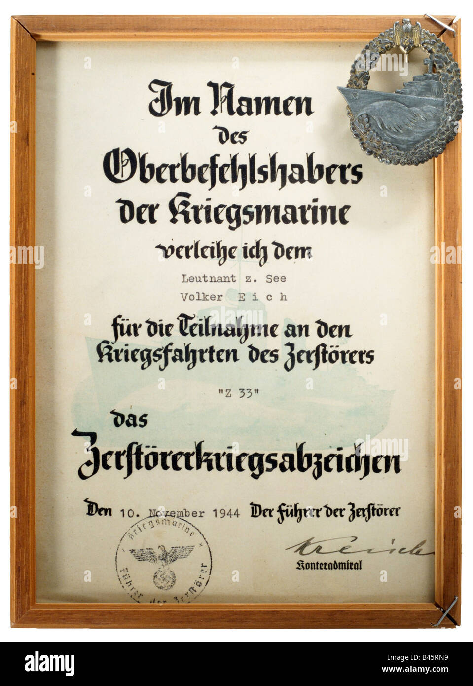 decorations, Germany, Destroyer War Badge, instituted 1940, awarding document for lieutenant Volker Eich, 10.11.1944, Second World War, decoration, , Stock Photo