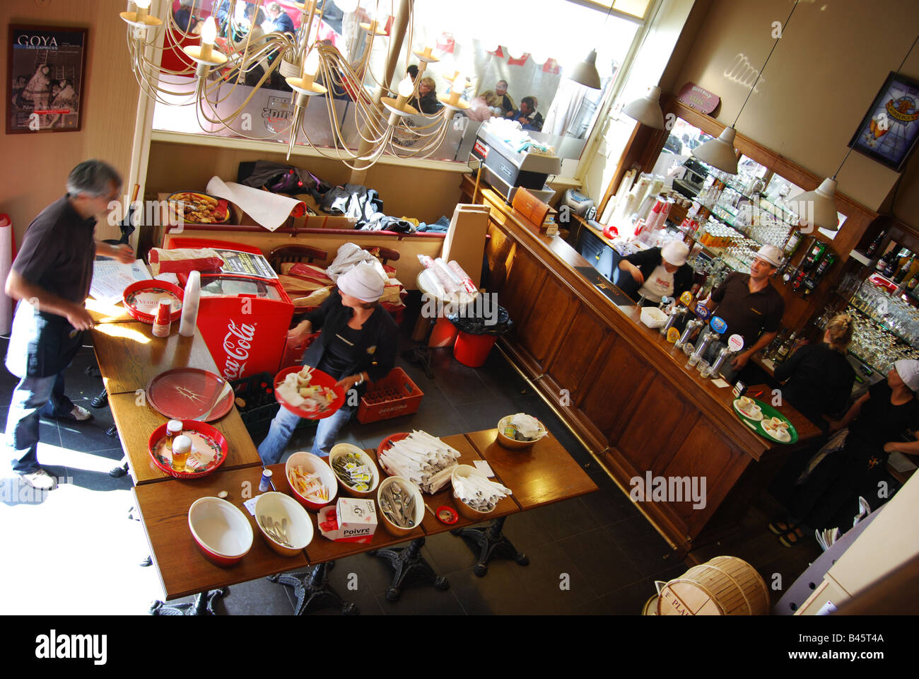 inside French cafe where food is prepared for Lille Braderie Stock Photo