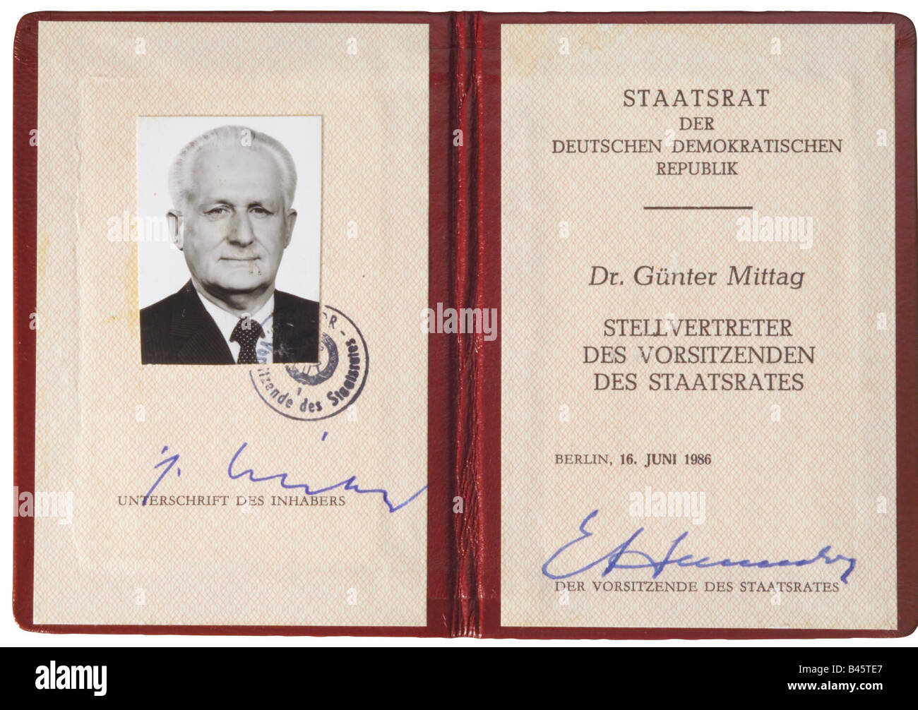 Mittag, Günther, 8.10.1926 - 48.3.1994, German politician (SED), his State Councillor œs Pass, Berlin 16.6.1986, 20th century, , Stock Photo