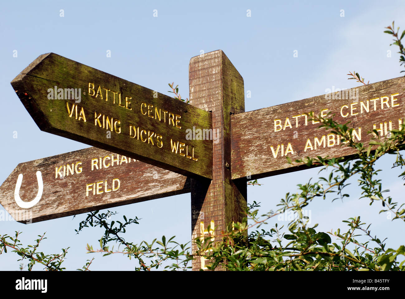 Signpost at Battle of Bosworth site Leicestershire England UK Stock Photo