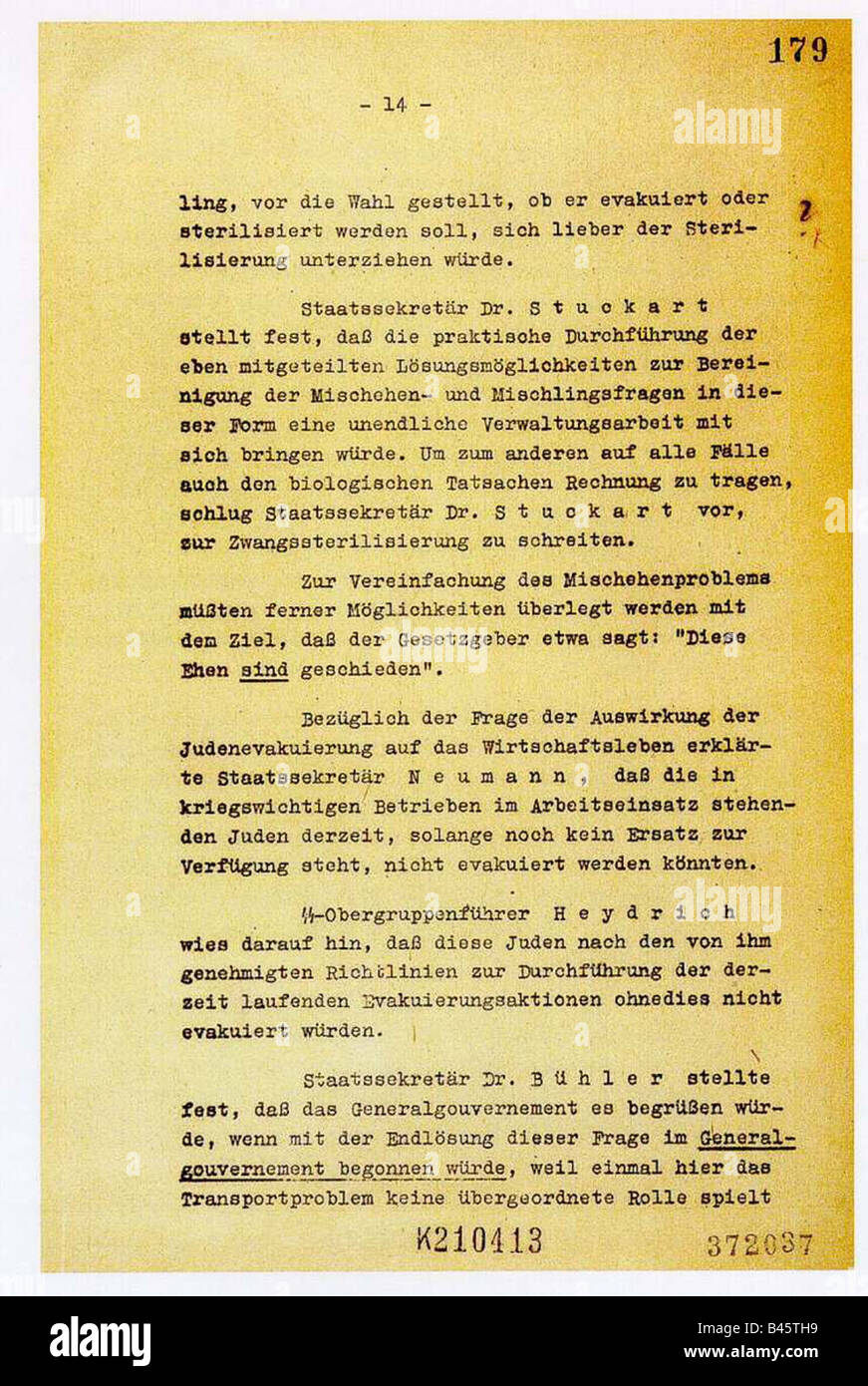 National Socialism/Nazism, crimes, persecution of jews, Wannsee conference, 20.1.1942, protocol, page 14, nazi, Holocaust, document, final solution, historic, historical, 20th century, 1940s, Stock Photo