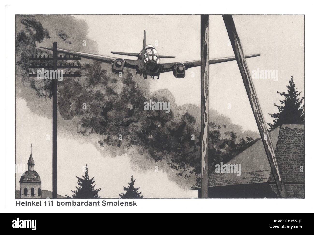 events, Second World War/WWII, aerial warfare, Russia 1941, German Bomber Heinkel He 111 bombing Smolensk, drawing by LEM, 20th century, , Stock Photo