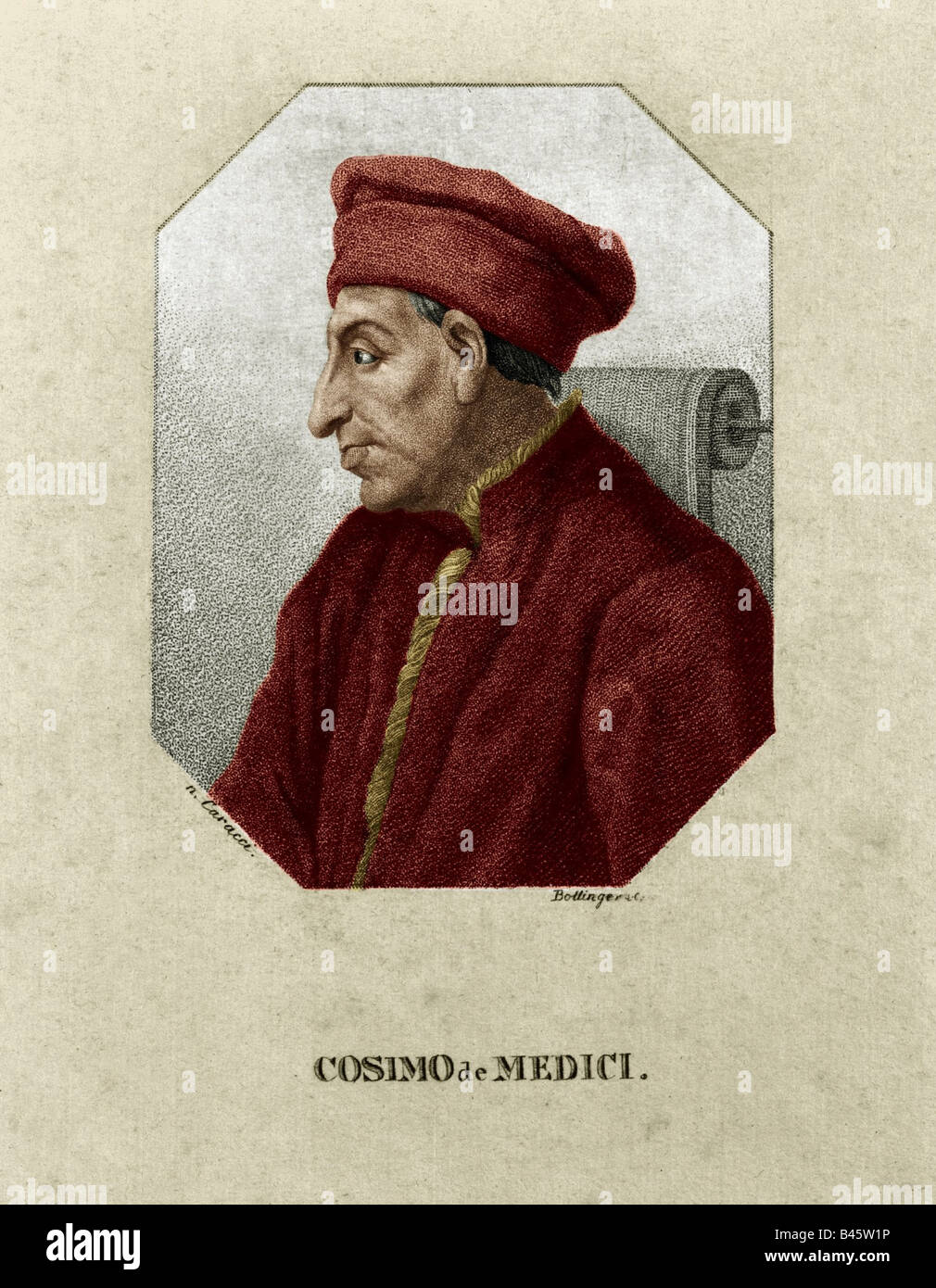 Medici, Cosimo de ' 'the Elder',  27.9.1389 - 1.8.1464, Italian banker, portrait, side view, engraving by Friedrich Bollinger (1777 - 1825), later coloured, Artist's Copyright has not to be cleared Stock Photo
