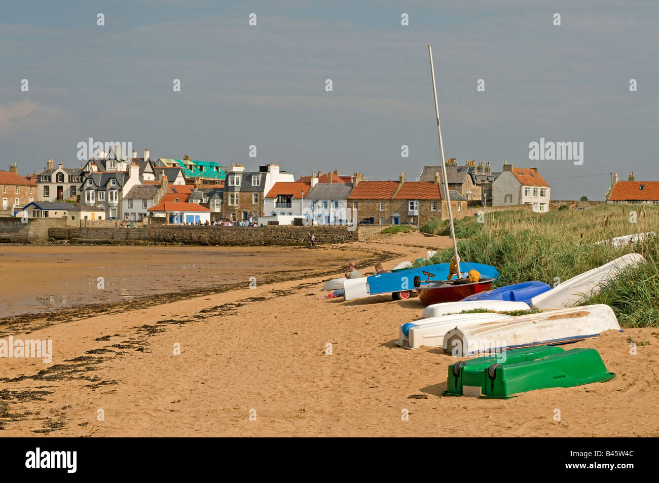 Leisure Craft resting at low tide on the sands at Elie Harbour Kingdom of Fife's East Neuk Stock Photo