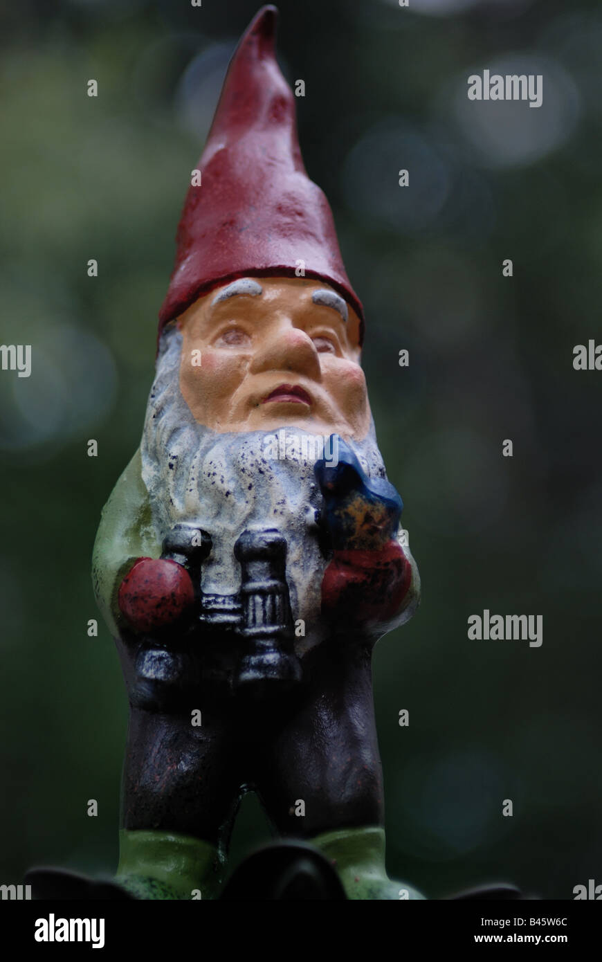 A portrait of a bearded garden gnome wearing a red pointy hat, holding