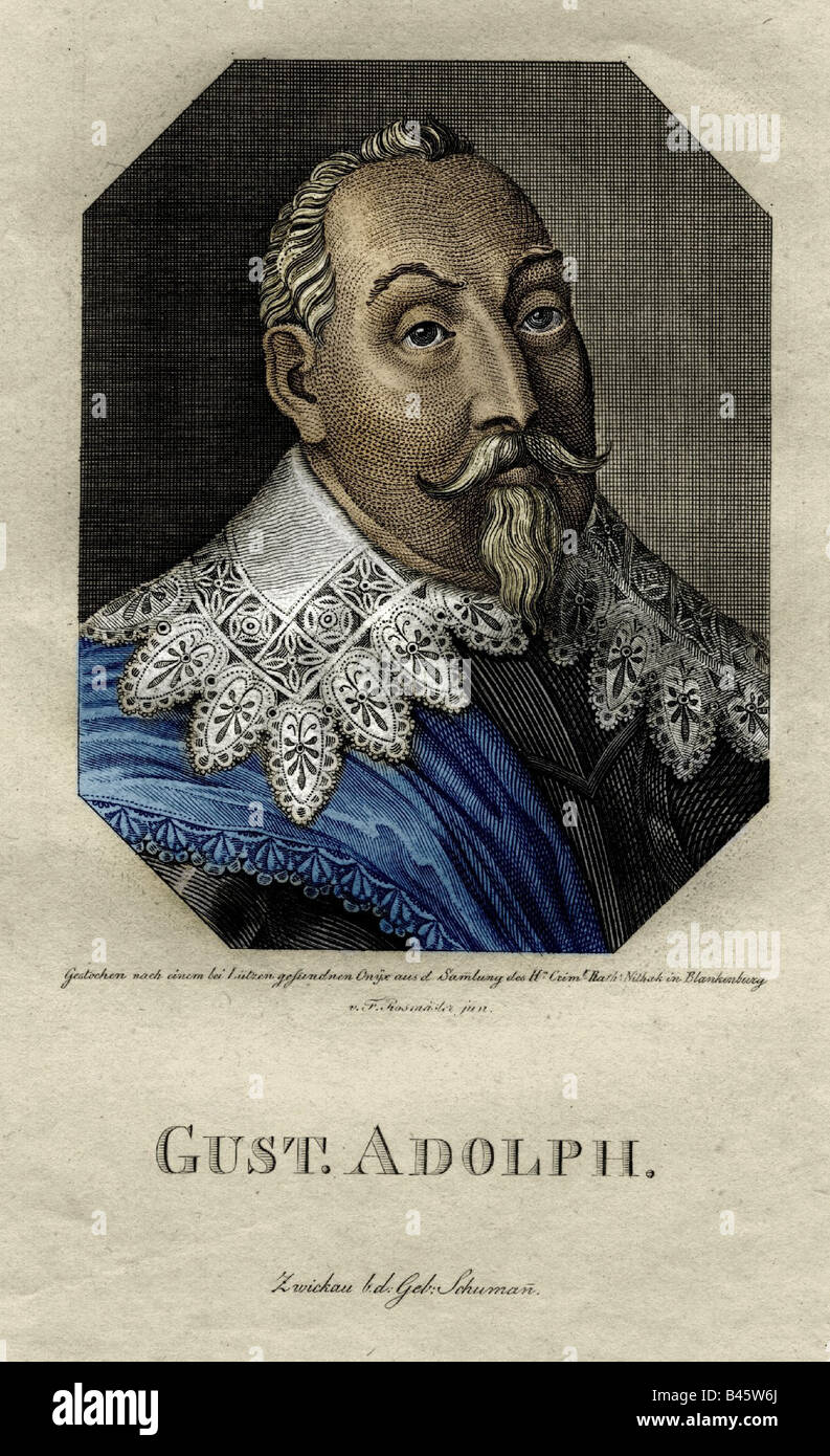 Gustav II. Adolf, 19.12.1594 - 16.11.1632, King of Sweden 30.10.1611 - 16.11.1632, portrait, engraving by Friedrich Rossmäsler (1775  - 1858), later coloured, , Artist's Copyright has not to be cleared Stock Photo