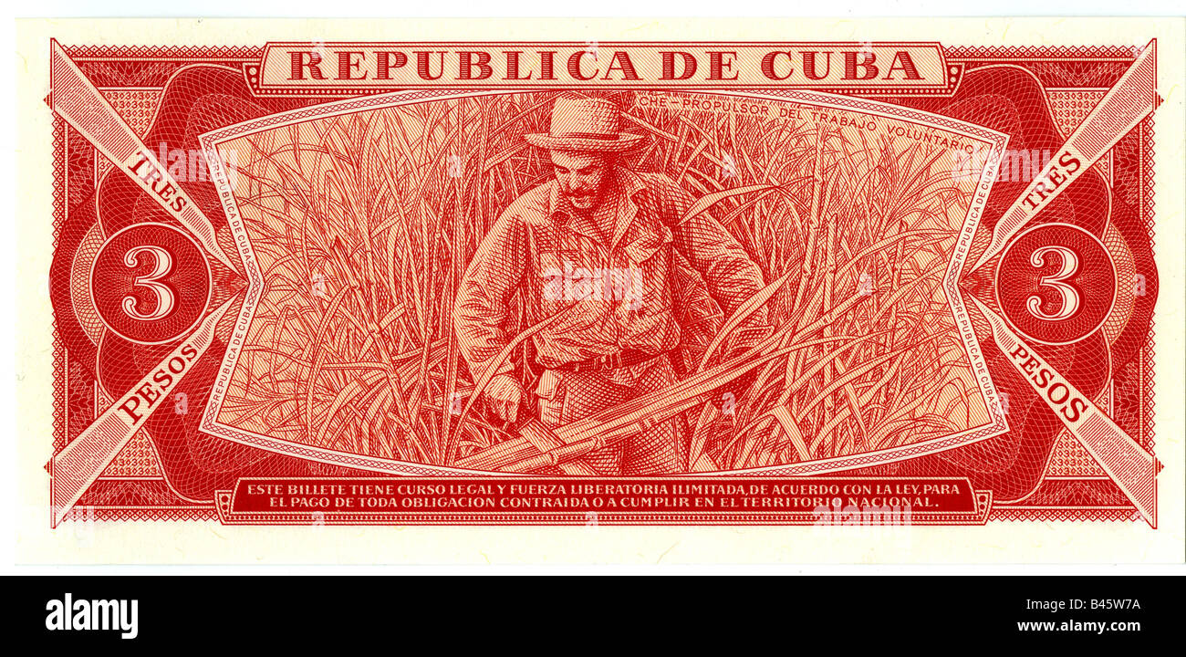 money, Cuba, Tres Pesos, back side, of 1988, 1980s, 80s, Cuban, banknote, currency, three, 3, Banco Nacional, CEAM, historic, historical, numismatics, 20th century, people, Stock Photo