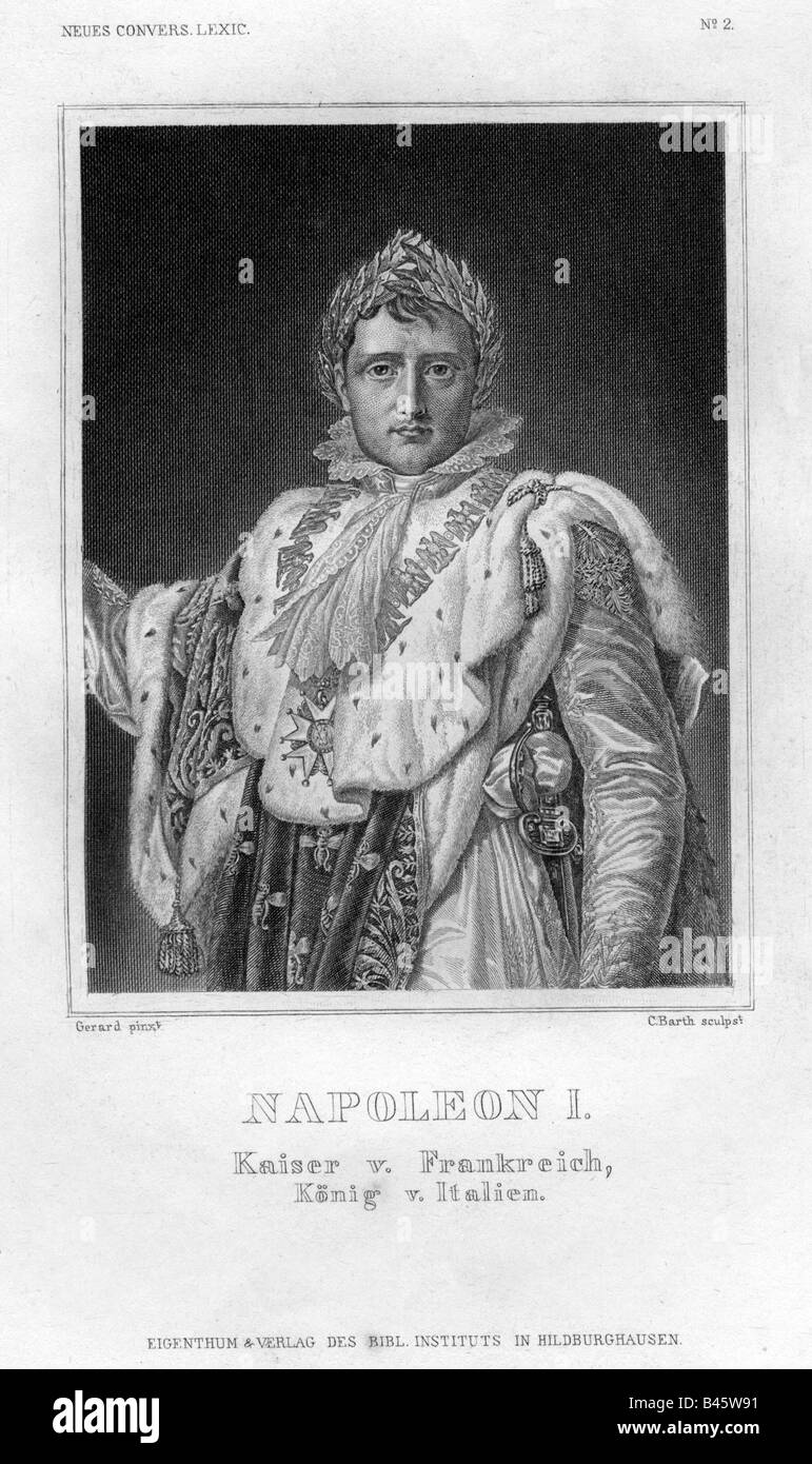 Napoleon I., 15.8.1769 - 5.5. 1821, emperor of France 2.12.1804 - 22.6.1815, half length, engraving, by C.Barth, after Gerard, Meyers Konversationslexikon, 19th century, , Artist's Copyright has not to be cleared Stock Photo