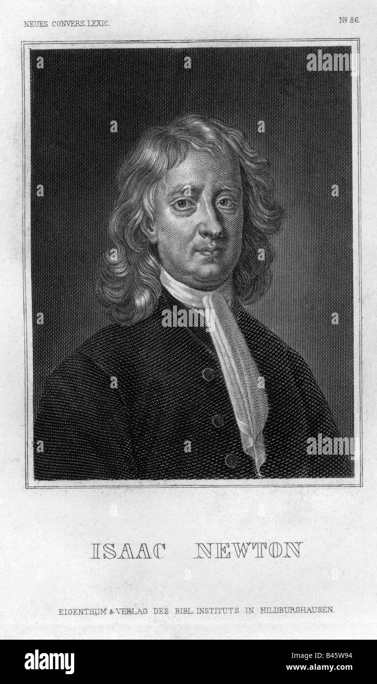 Newton, Isaac Sir, 5.1.1643 - 31.3.1727, British physicist, portrait, steel engraving, Meyers encyclopaedia, Hildburghausen, Germany, 19. Jh., mathematician, philosopher, early modern times, encyclopedia, lexicon, Artist's Copyright has not to be cleared Stock Photo