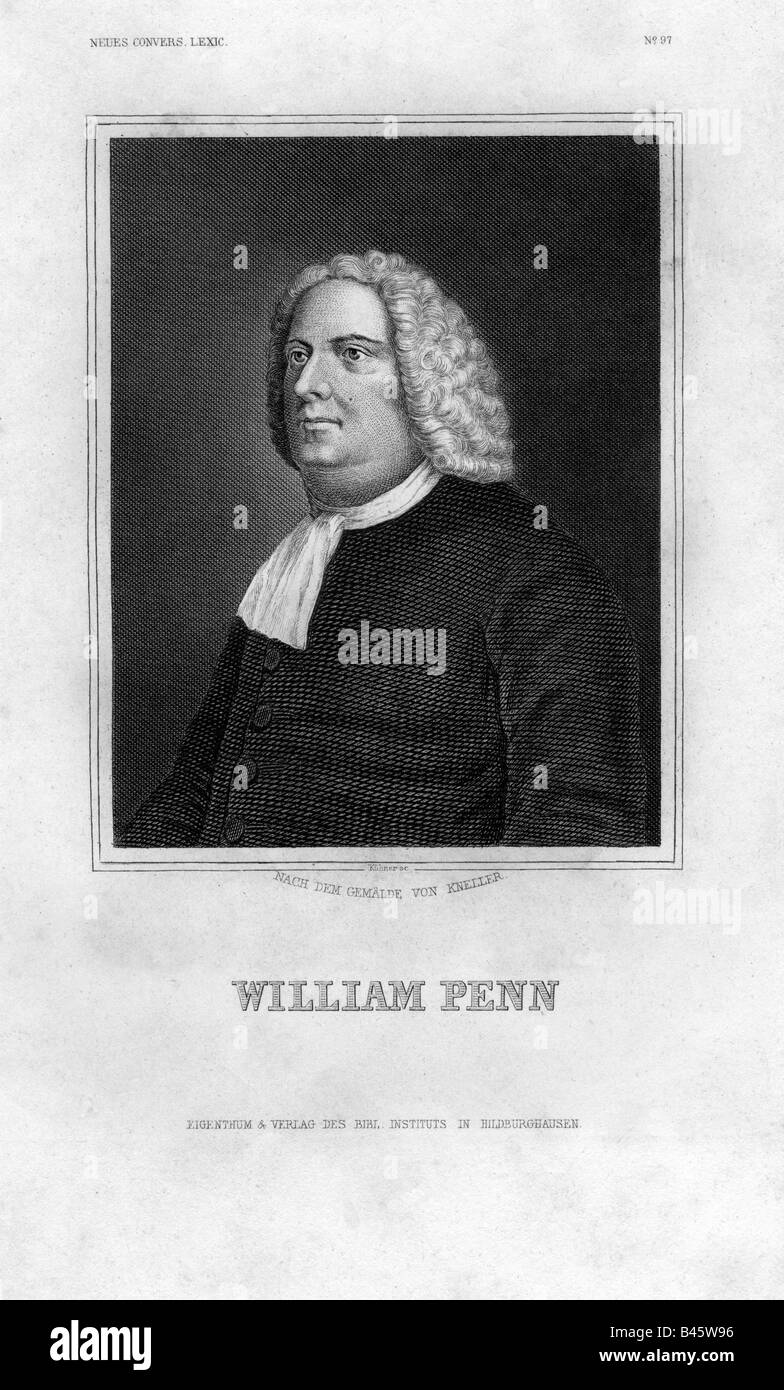 Penn, William, 14.10.1644 - 30.7.1718, British politician, portrait, engraving, after painting by Godfrey Kneller, Meyers Konversationslexikon, Hildburghausen, 19th century,  Great Britain, 17th / 18th century, religion, christianity, quakers, founder of American colony Pennsylvania, , Artist's Copyright has not to be cleared Stock Photo