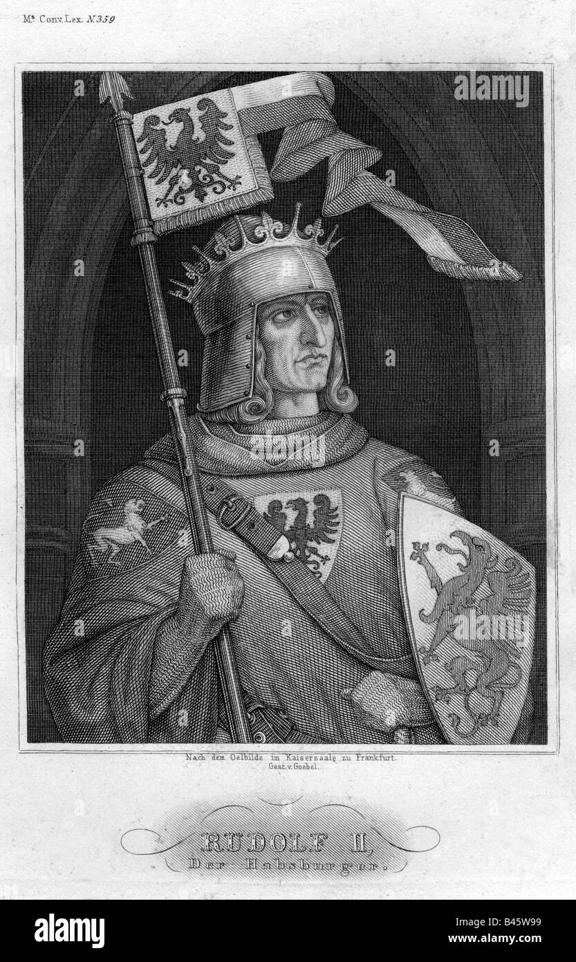 Rudolf I, 1.5.1218 - 15.7.1291, German king, 23.10.1273 - 15.7.1291, half length, engraving, after painting in imperial hall at Frankfurt, Meyers Konversationslexikon, Hildburghausen, 19th century, , Artist's Copyright has not to be cleared Stock Photo