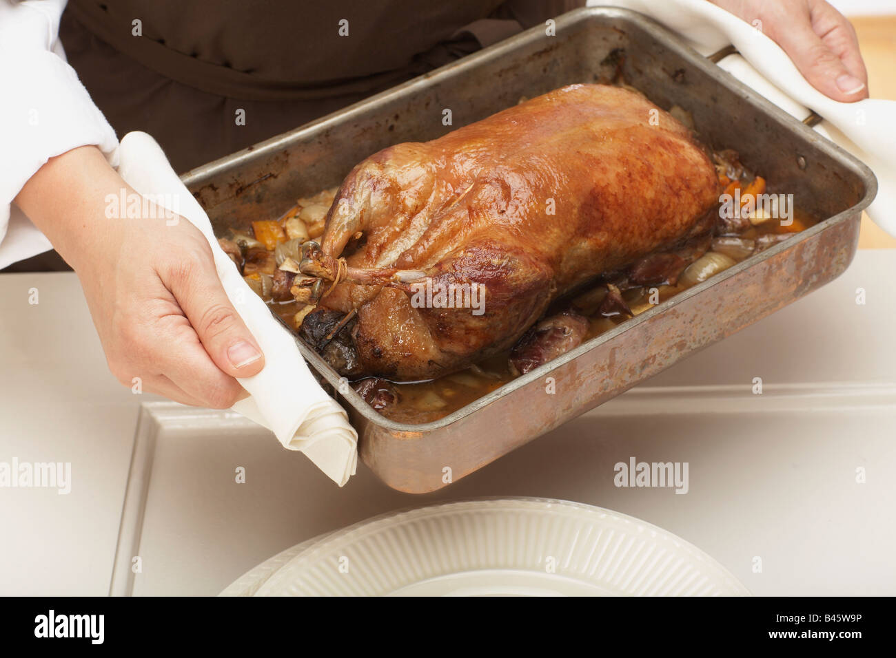 Roast duck in roasting tray, elevated view Stock Photo Alamy