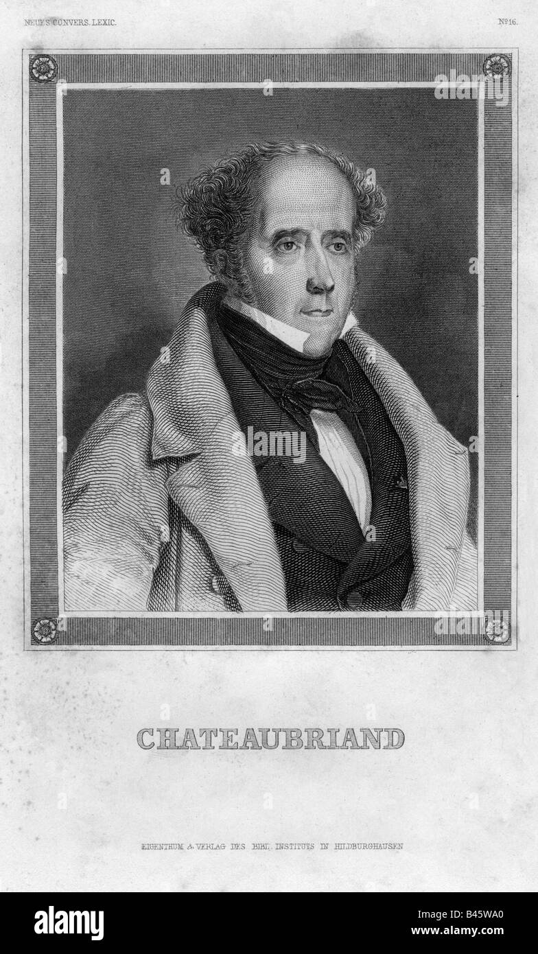 Chateaubriand, Francois Rene de, 4.9.1768 - 4.7.1848, French author / writer and politician, portrait, engraving, Meyers Konversationslexikon, Hildburghausen, 19th century,  France, 17th century, literature, politics, minister of foreign affairs from 1823 - 1824, , Artist's Copyright has not to be cleared Stock Photo
