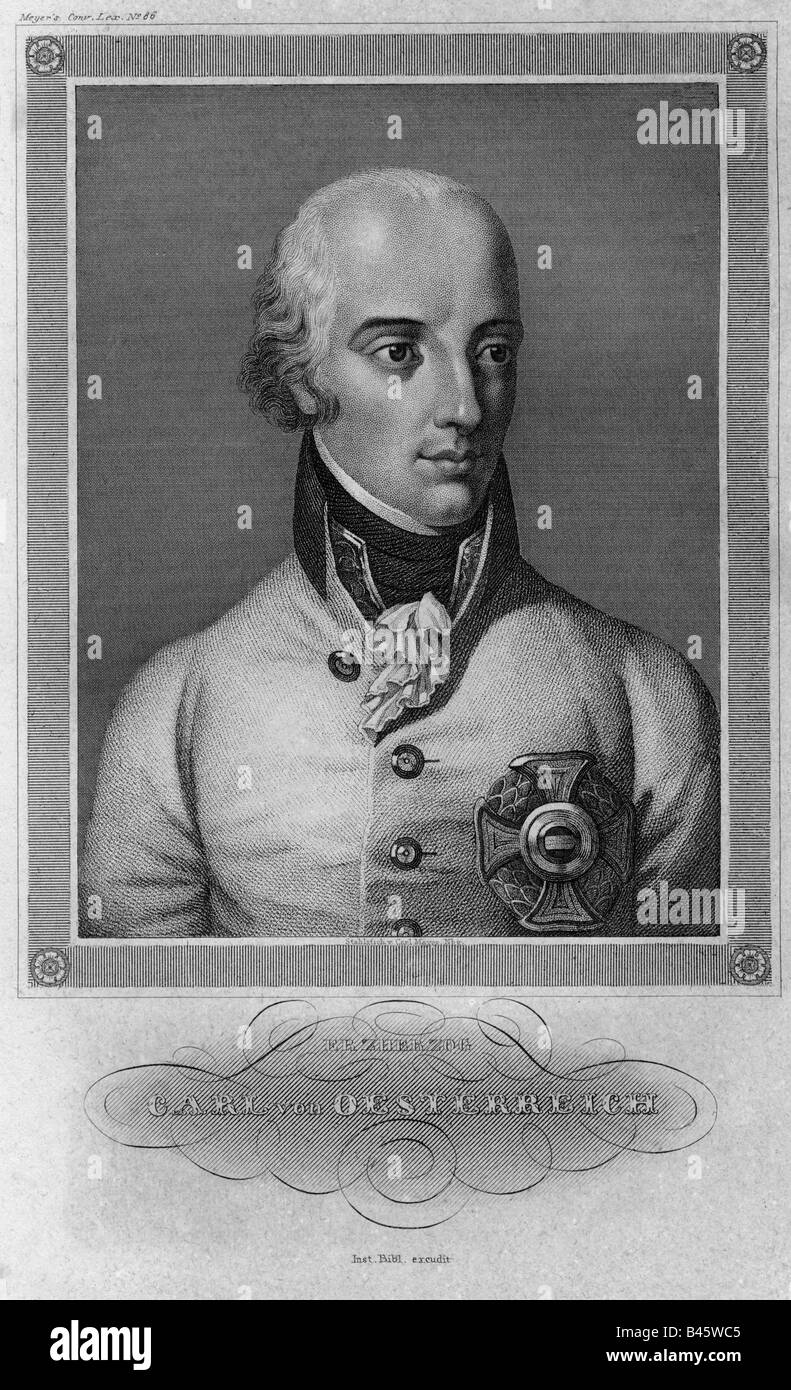 Charles, Archduke of Austria, 5.9.1771 - 30.4.1847, Austrian general, portrait, engraving, by Carl Meyer, Meyers Konversationslexikon, 19th century,  Austria, 18th century, Habsburg, military, soldier, generalissimo, uniform, medal, French Revolutionary Wars, Karl, , Artist's Copyright has not to be cleared Stock Photo
