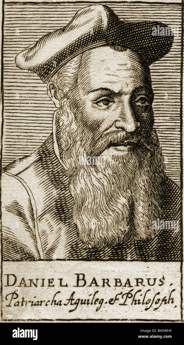 Barbarus, Daniel, 1513 - 1574, Italian philosopher, portrait, engraving, 16th century,  Italy, 16th century, science, scientist, philosophy, hat, beard, Barbaro, , Artist's Copyright has not to be cleared Stock Photo