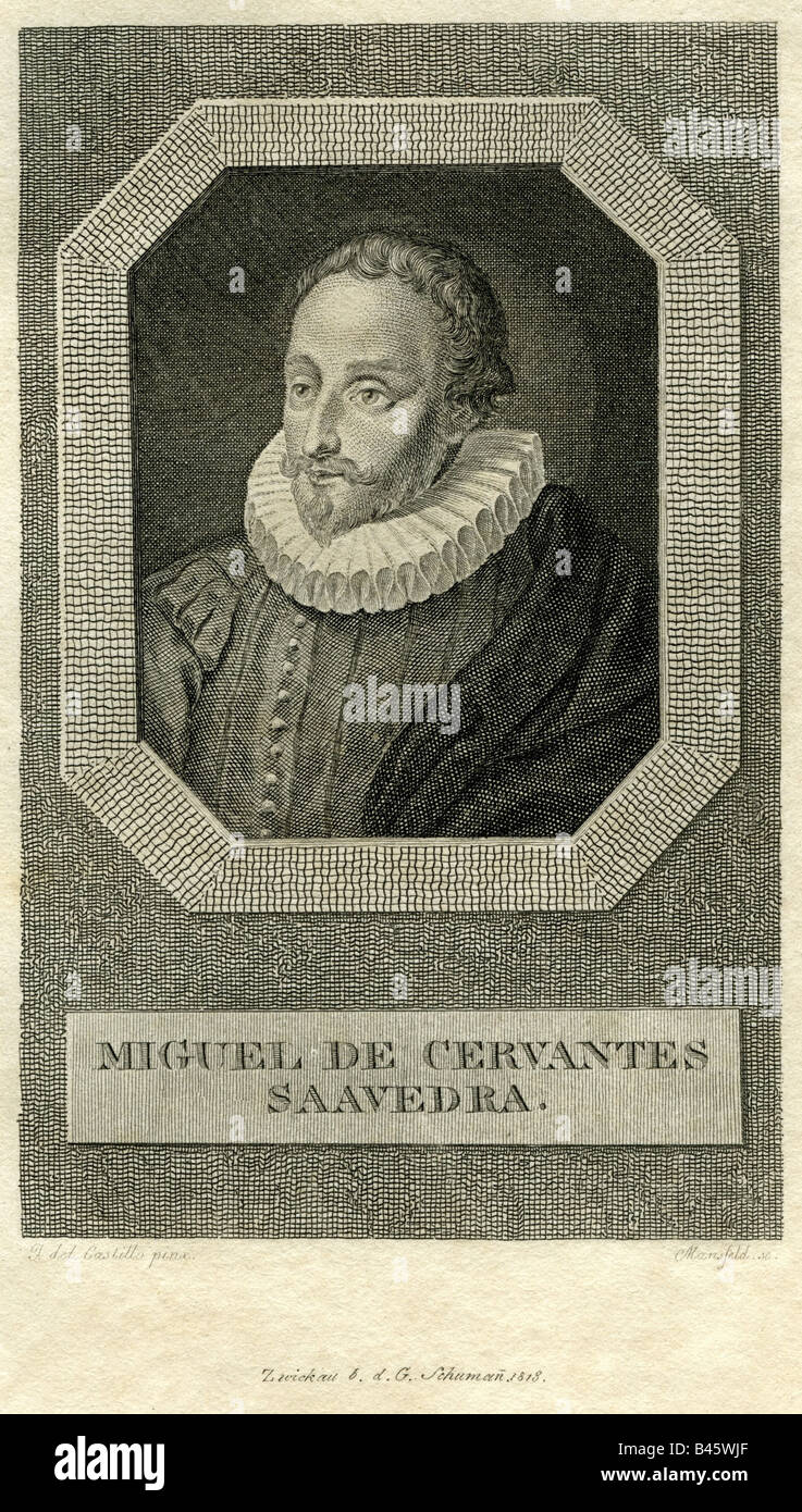 Cervantes Saavedra, Miguel de, 1547 - 23.4.1616, Spanish author / writer, portrait, steel engraving, by Mansfeld, after I. del Castillo, Zwickau, 19th century,  Spain, 16th / 17th century, literature, poet, novelist, colar, beard, , Artist's Copyright has not to be cleared Stock Photo