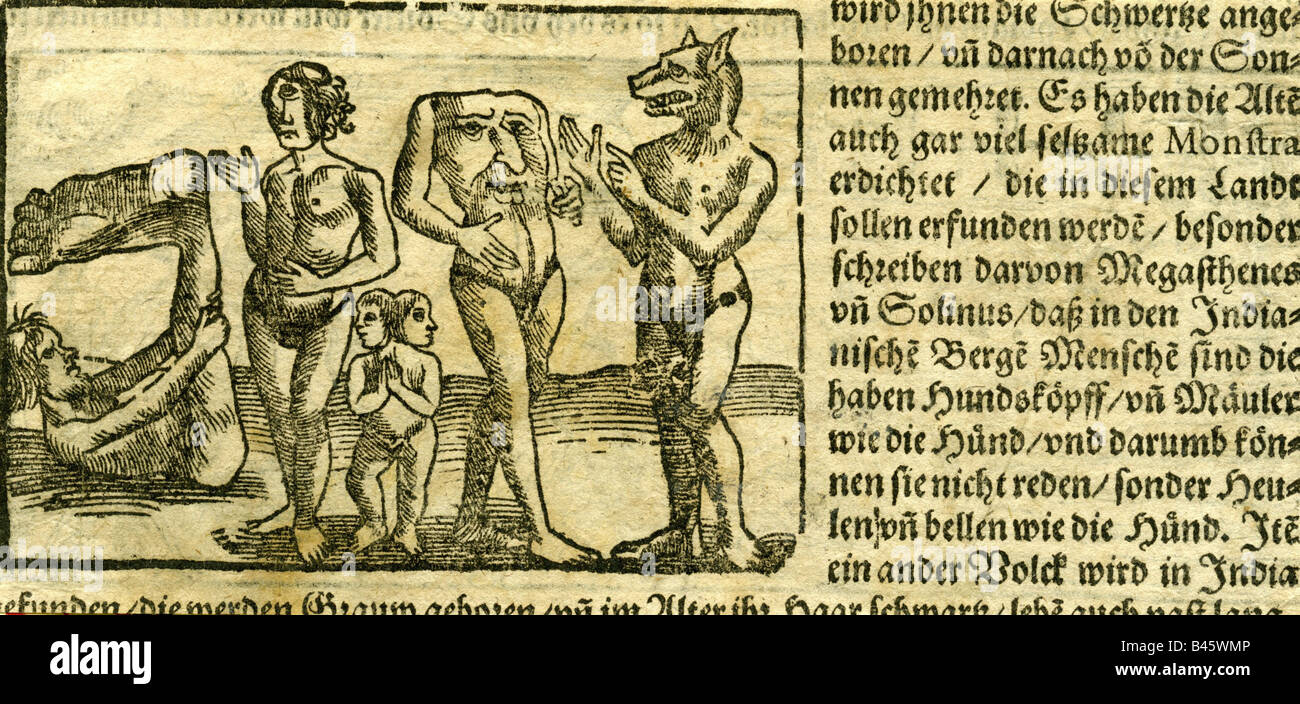 geography / travel, India, people, manlike monsters after description by  Megasthenes of Solinus (circa 350 - 290 BC), woodcut, from "Cosmographia",  by Sebastian Mnster, Germany, 1550 Stock Photo - Alamy