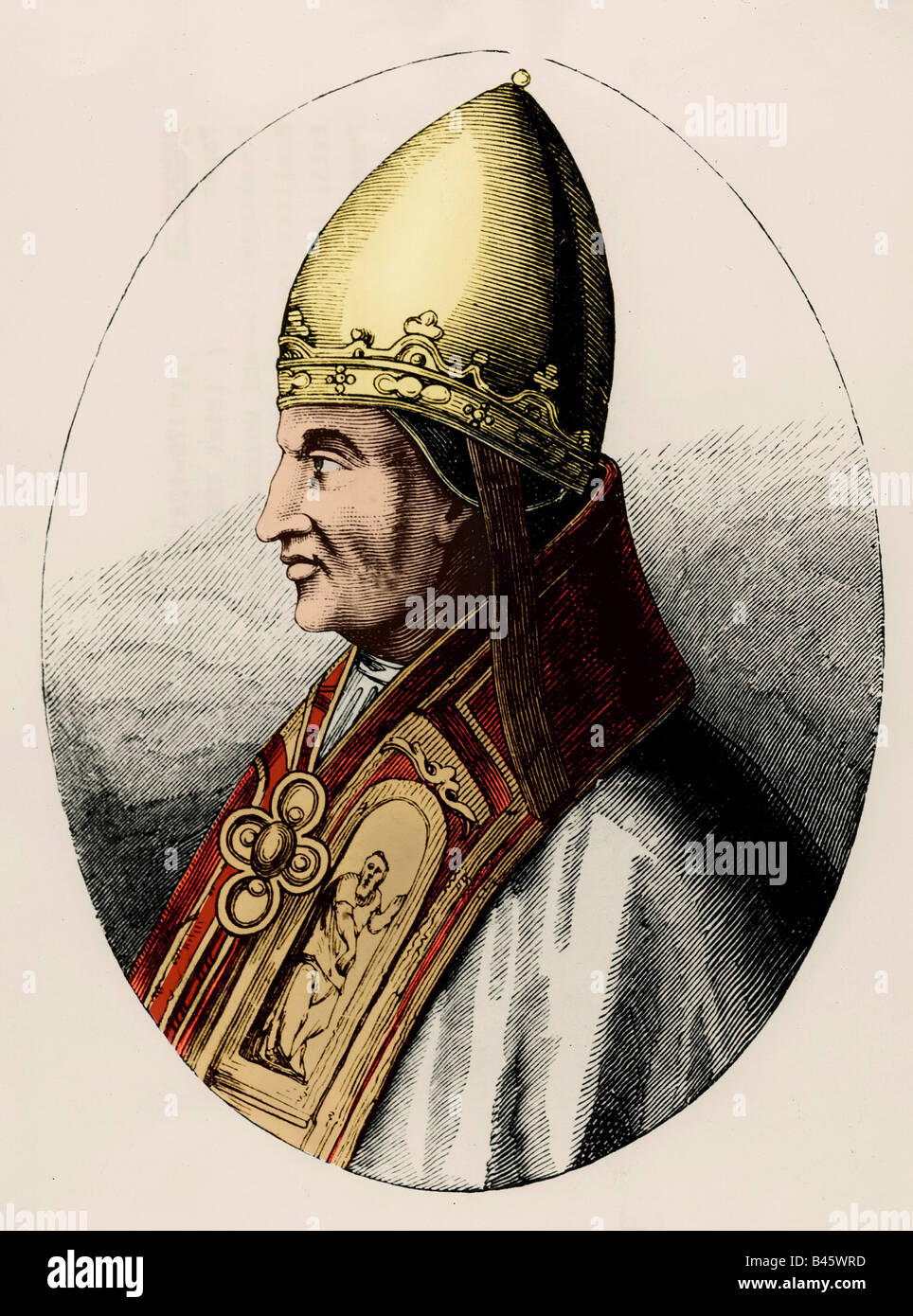 Gregory IX (Ugolino Count  Segni), circa 1170 - 21.8.1241, Pope 19.3.1227 - 21.8.1241, portrait, side view, engraving, 19th century, after fresco, San Paolo, Rome, later coloured, , Stock Photo
