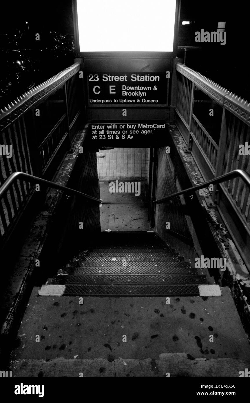 a view, in black and white, into a New York subway station Stock Photo